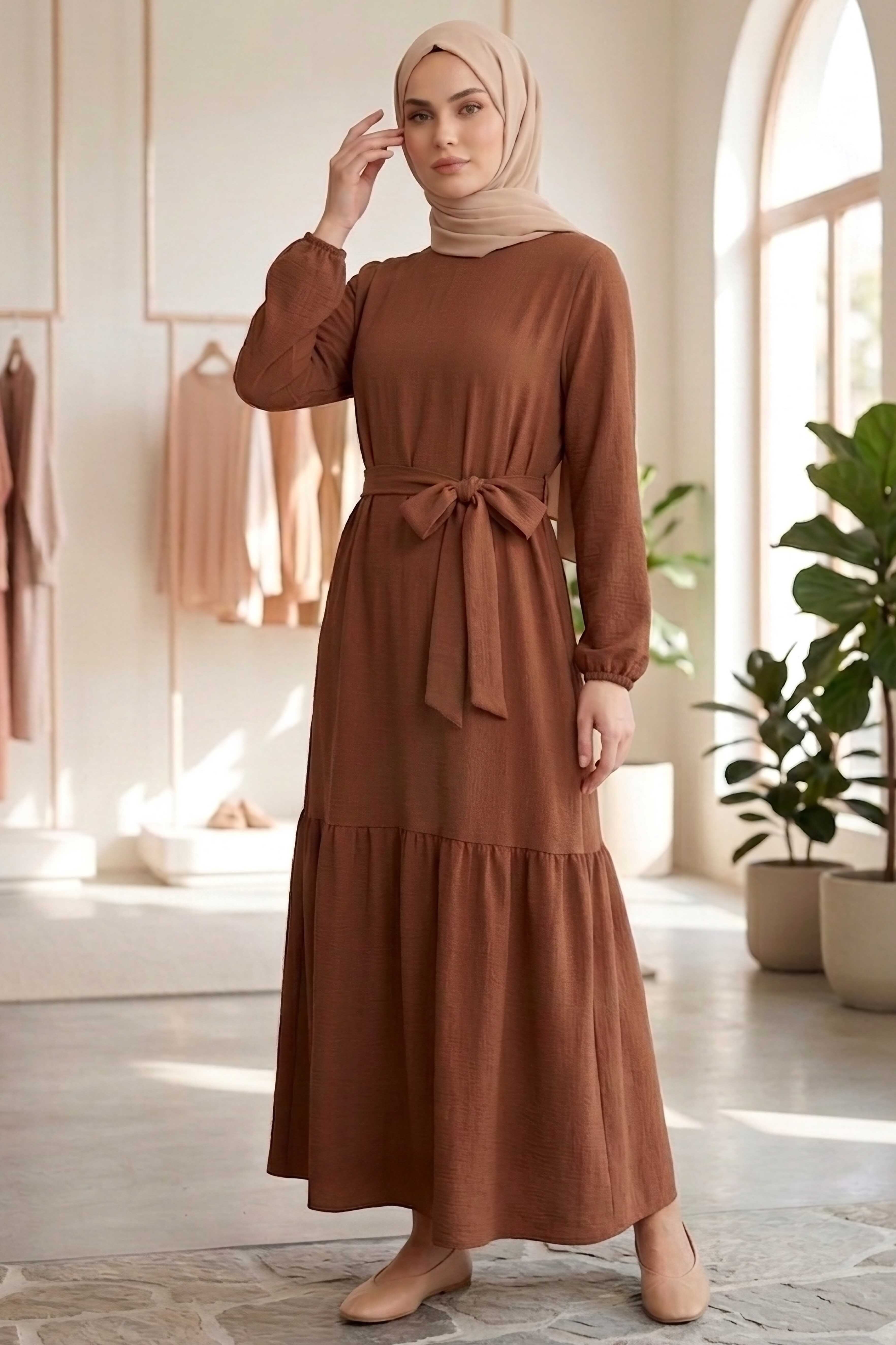 Kuşaklı Eteği Pileli Bürümcük Elbise - 28354-KIREMIT - 2