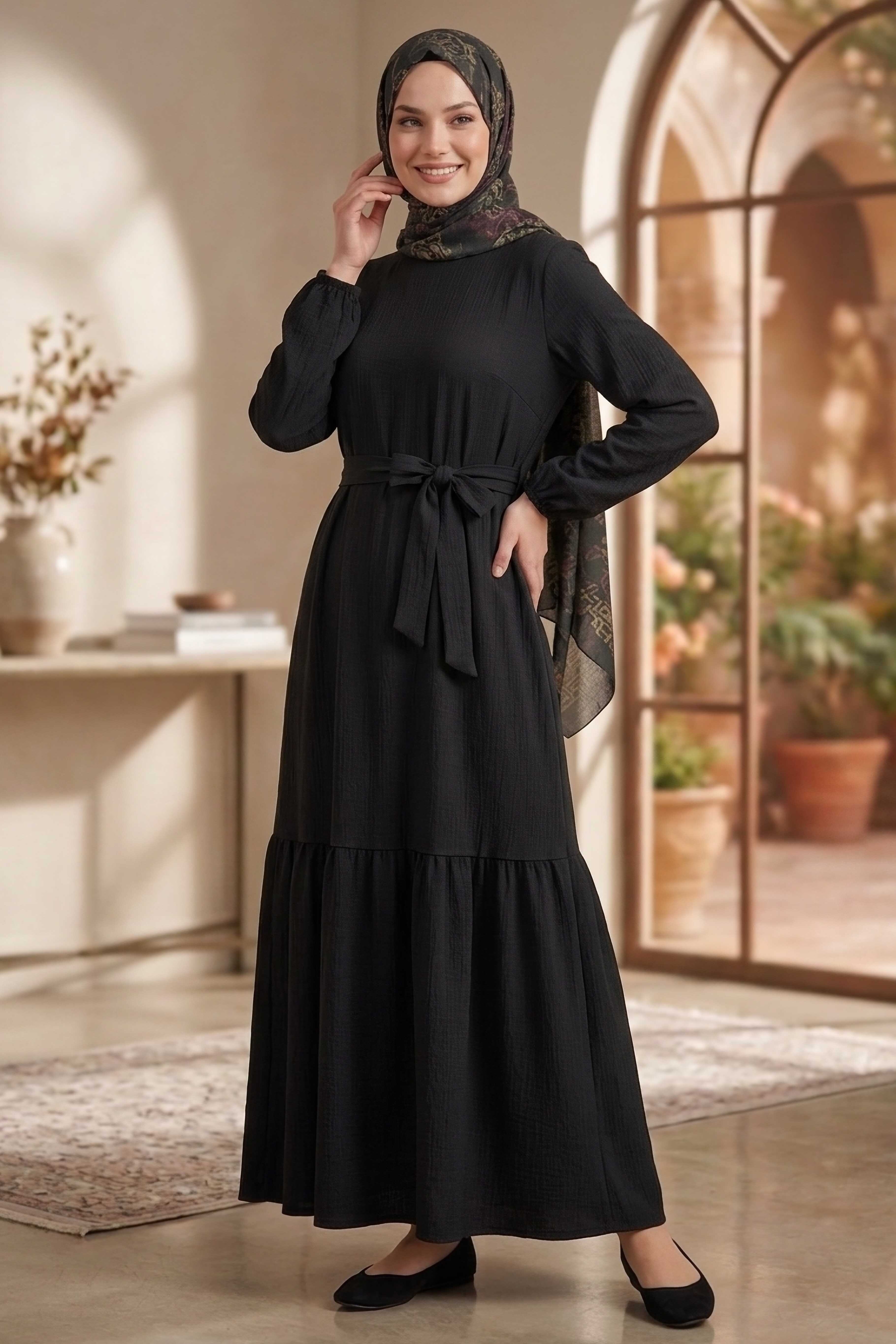 Kuşaklı Eteği Pileli Bürümcük Elbise - 28354-SIYAH - 1