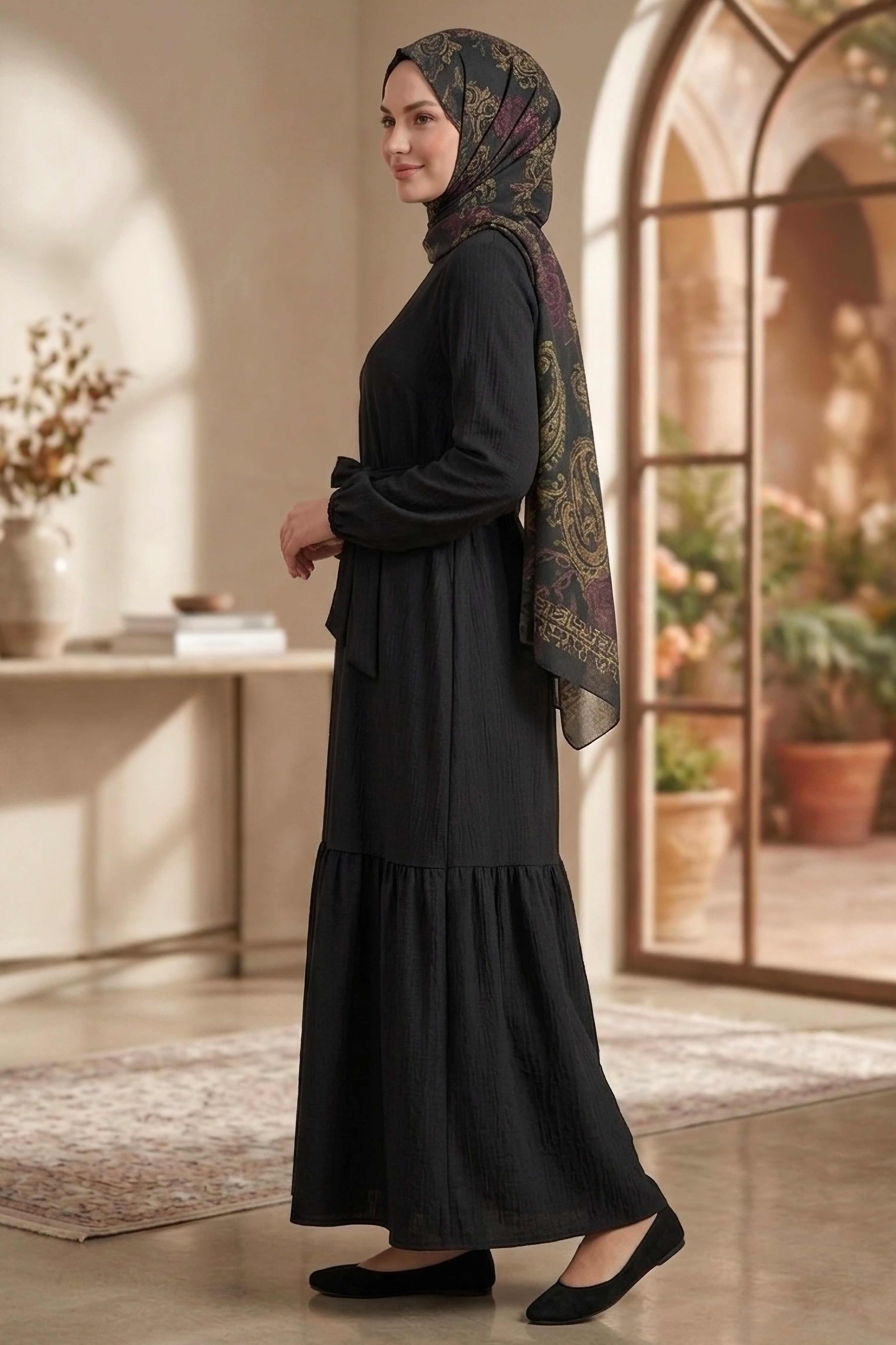 Kuşaklı Eteği Pileli Bürümcük Elbise - 28354-SIYAH - 2