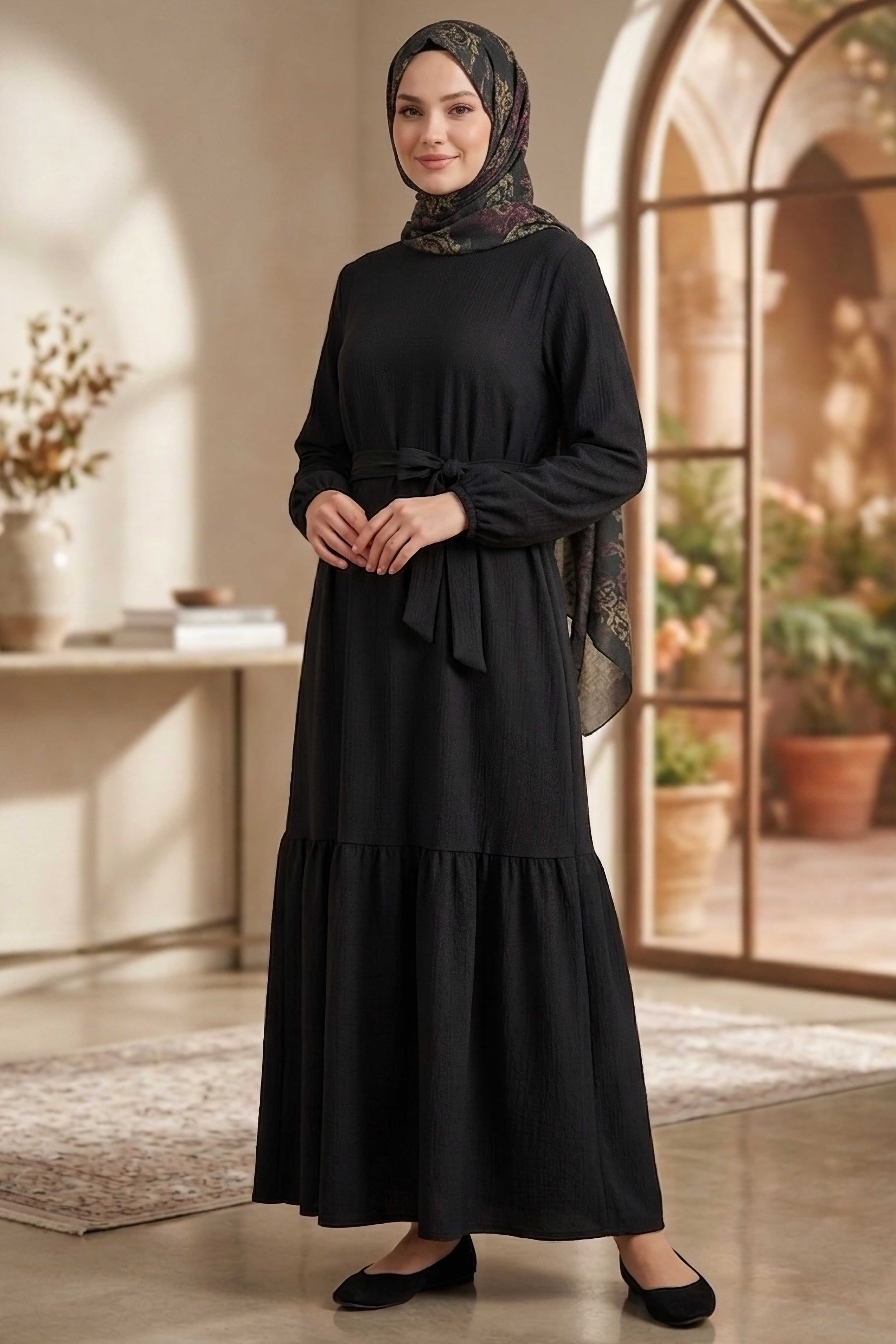 Kuşaklı Eteği Pileli Bürümcük Elbise - 28354-SIYAH - 3