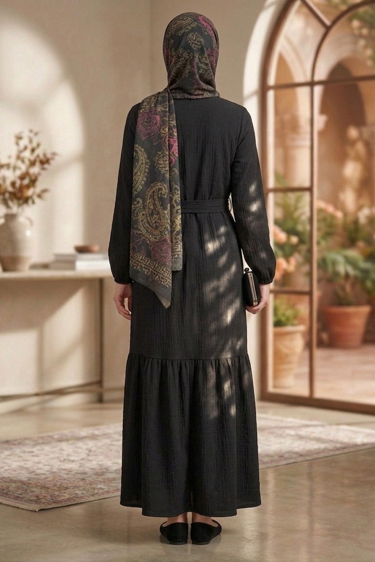 Kuşaklı Eteği Pileli Bürümcük Elbise - 28354-SIYAH - 4