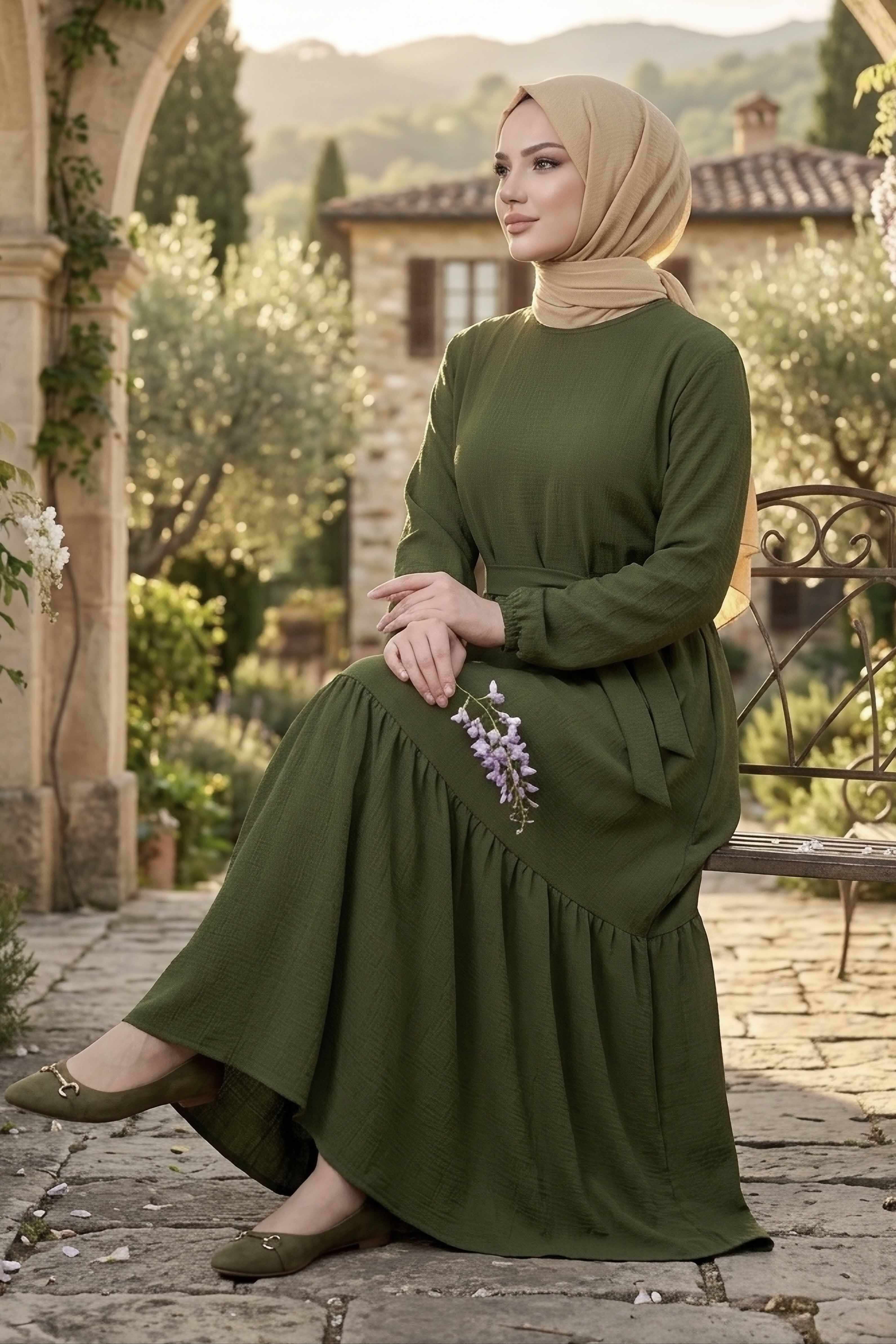 Kuşaklı Eteği Pileli Bürümcük Elbise - 28354-ZUMRUT - 1