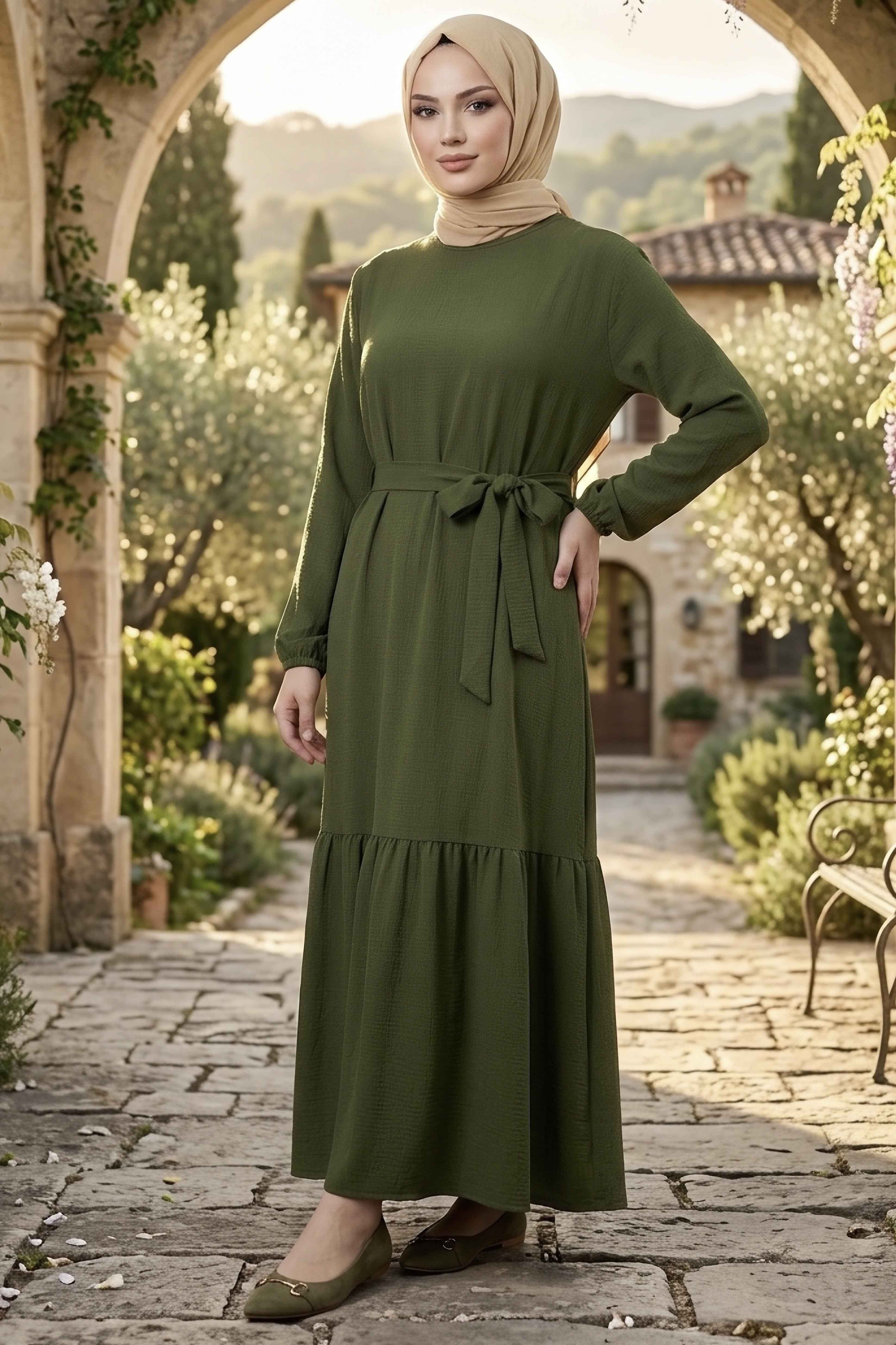 Kuşaklı Eteği Pileli Bürümcük Elbise - 28354-ZUMRUT - 2