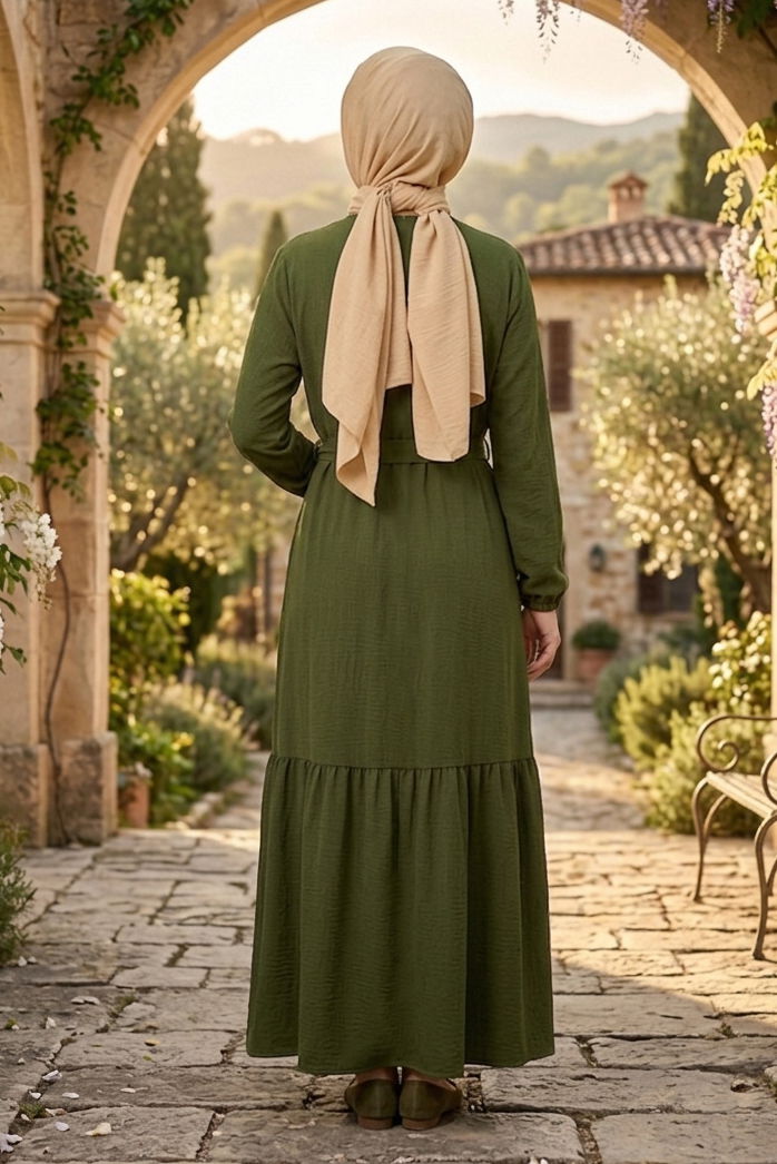 Kuşaklı Eteği Pileli Bürümcük Elbise - 28354-ZUMRUT - 3