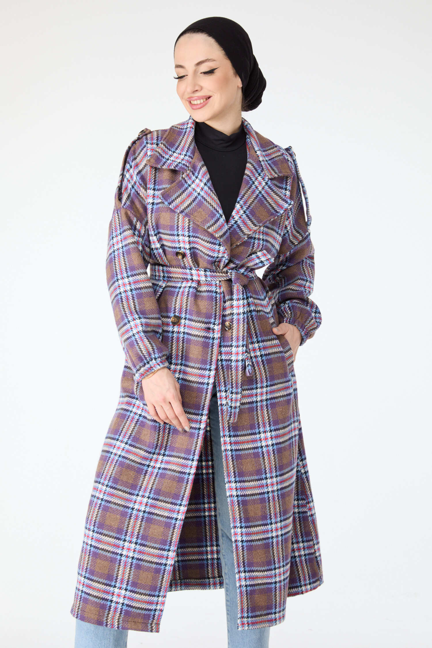 Kuşaklı Kaşe Kaban - 27736-LILA - 4
