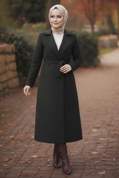 Kuşaklı Kaşe Kaban - 28009-SIYAH 