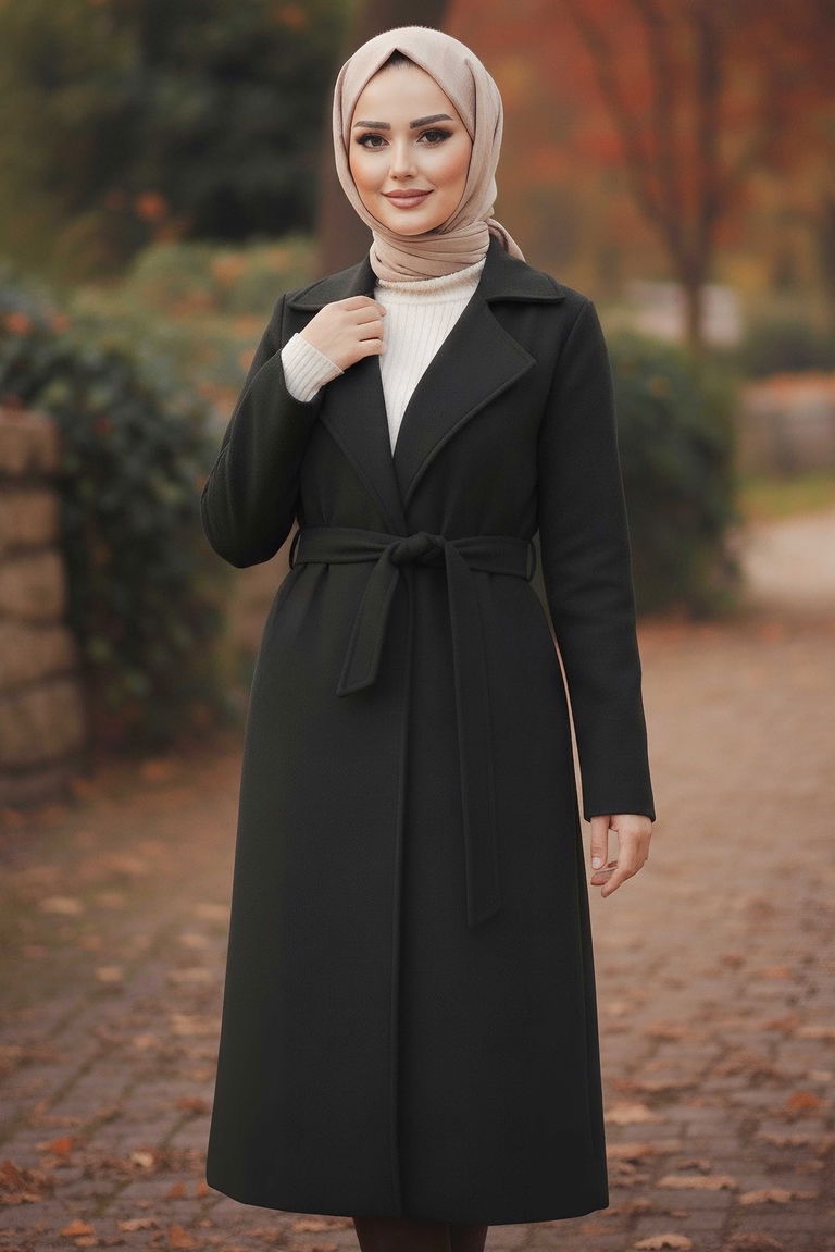 Kuşaklı Kaşe Kaban - 28009-SIYAH - TOFİSA