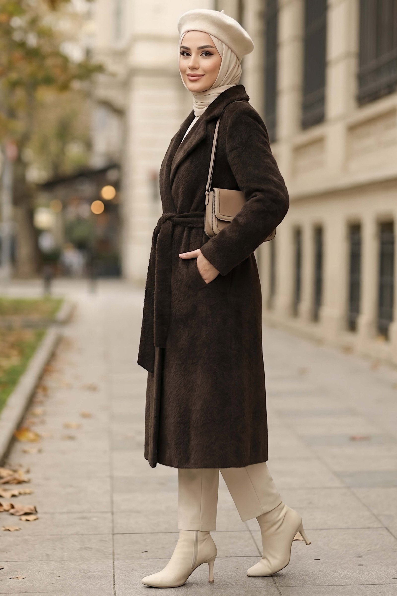 Kuşaklı Kaşe Kaban Kahve - 29196-KAHVE - 2