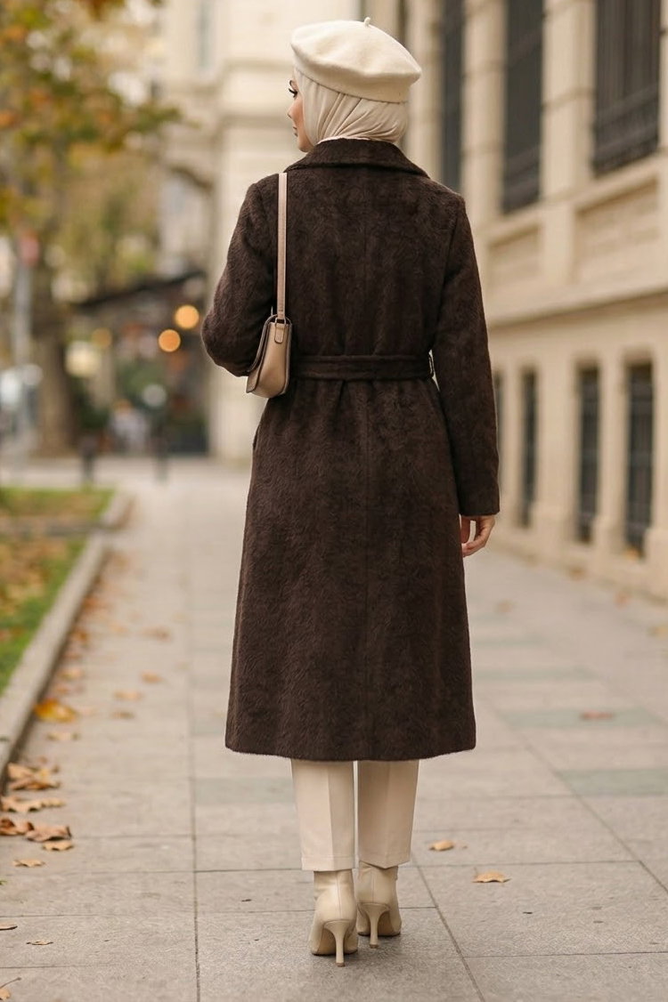 Kuşaklı Kaşe Kaban Kahve - 29196-KAHVE - 3