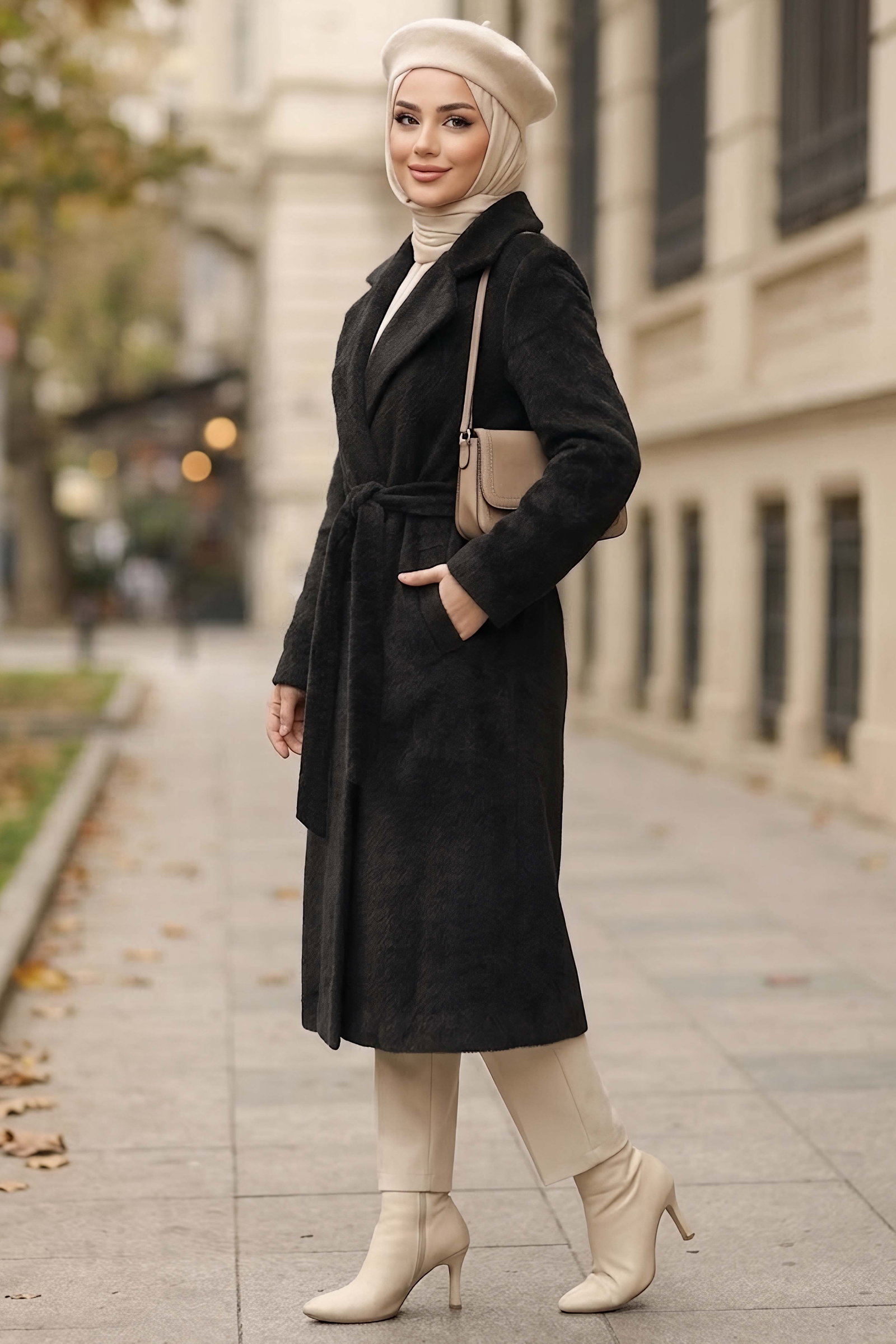 Kuşaklı Kaşe Kaban Siyah - 29196-SIYAH - 2