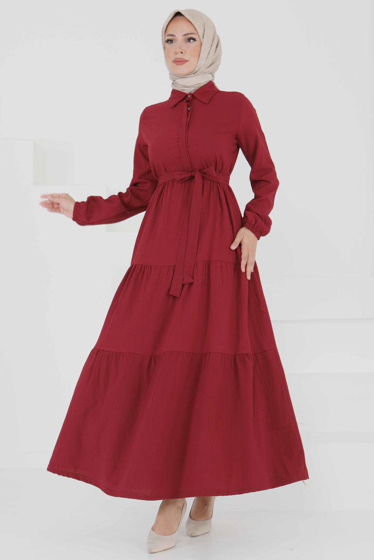 Kuşaklı Kat Kat Elbise - 27345 - TOFİSA