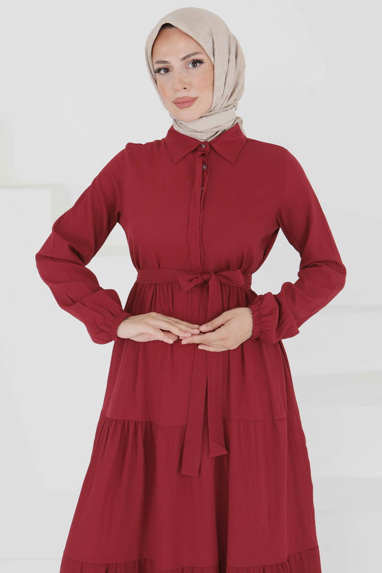 Kuşaklı Kat Kat Elbise - 27345 - TOFİSA