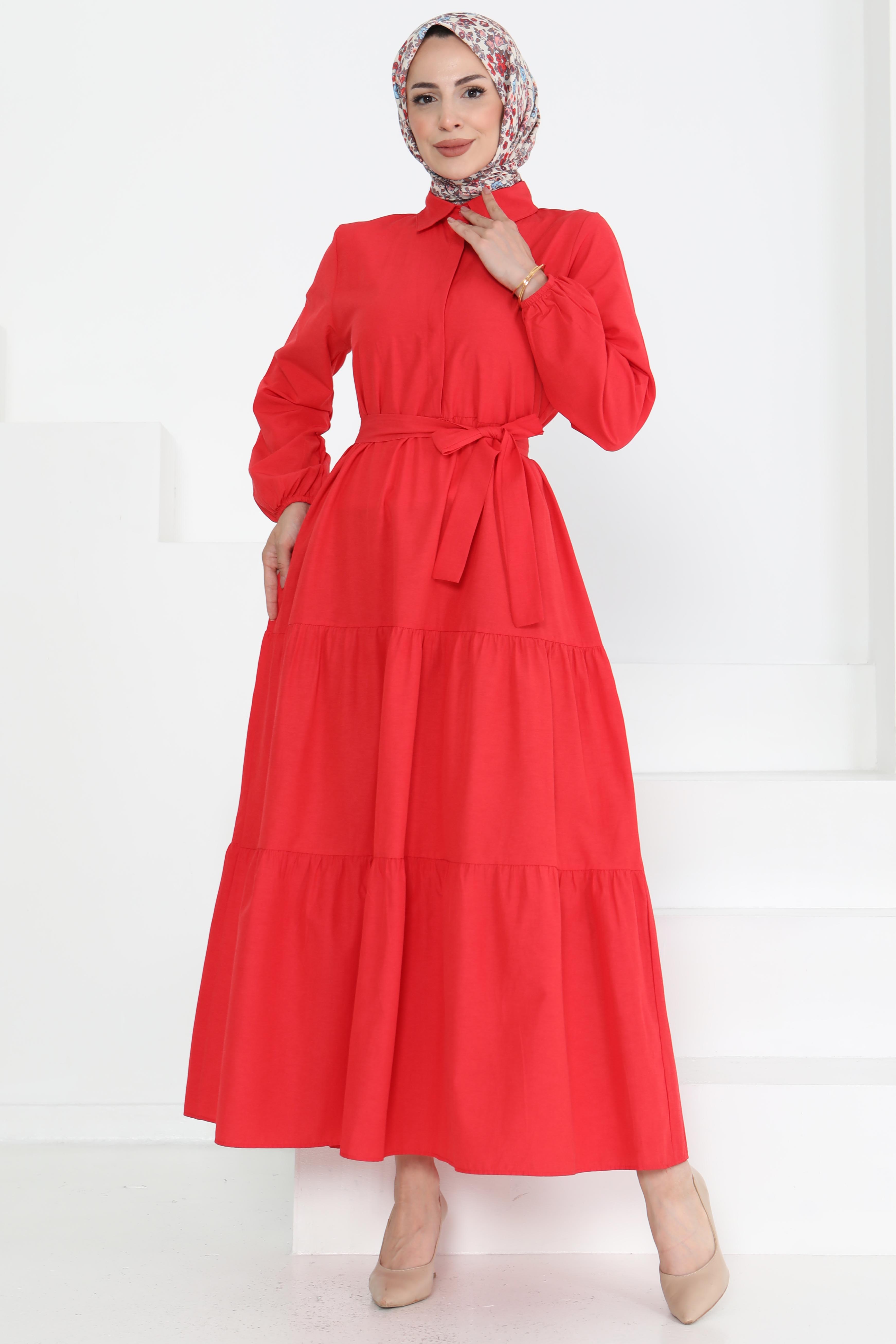 Kuşaklı Kat Kat Elbise - 27283 - 2