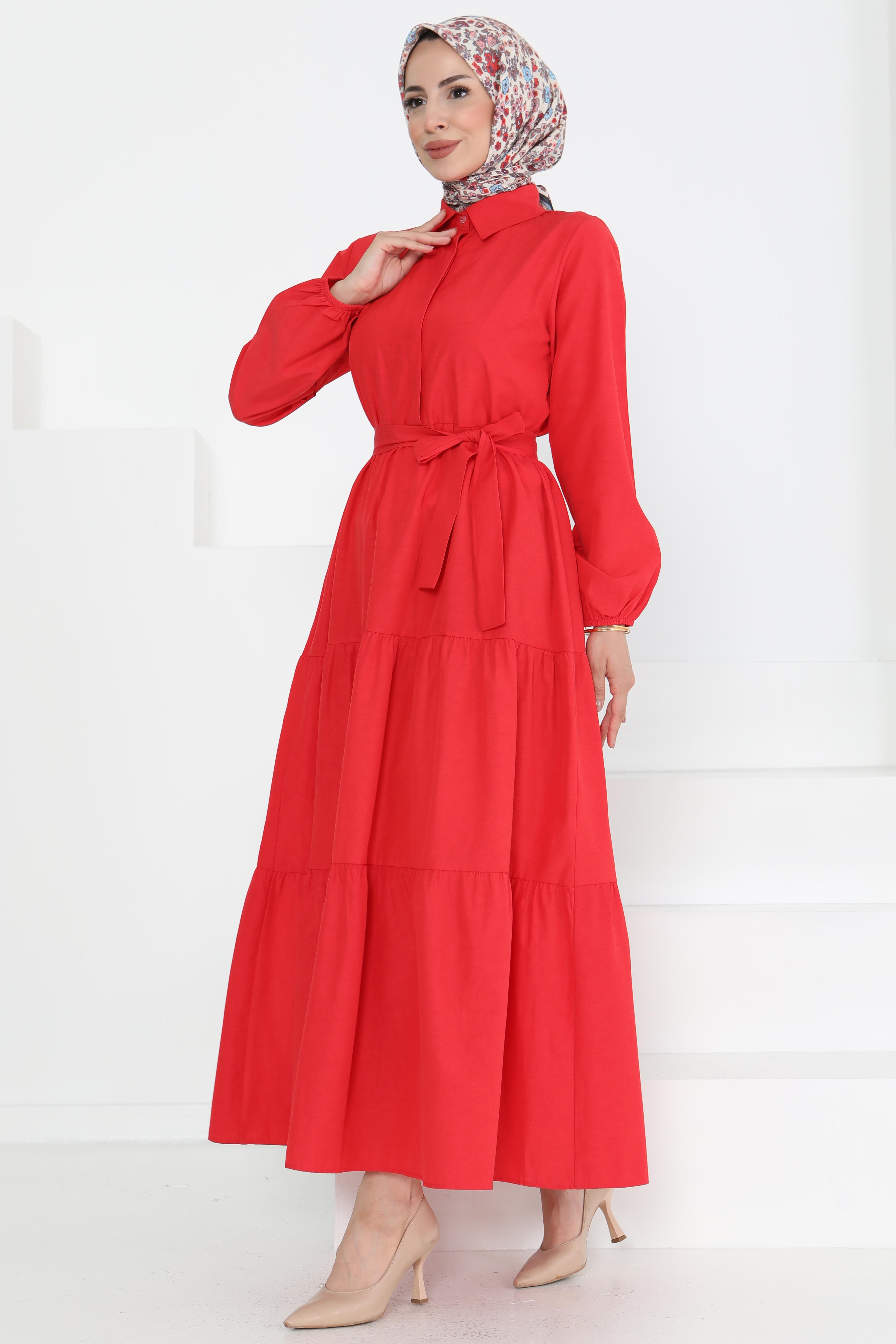 Kuşaklı Kat Kat Elbise - 27283 - 4