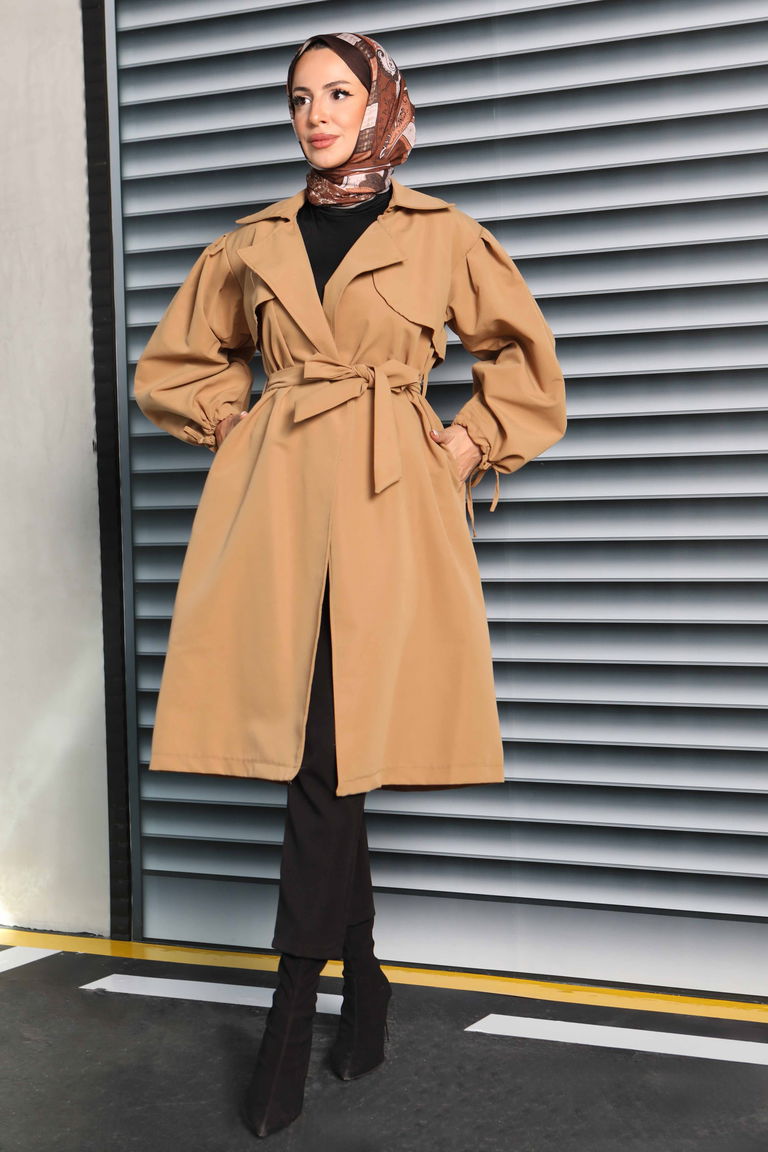 Kuşaklı Kol Ucu Bağcık Detaylı Miranda Trenç - 27604 - TOFİSA