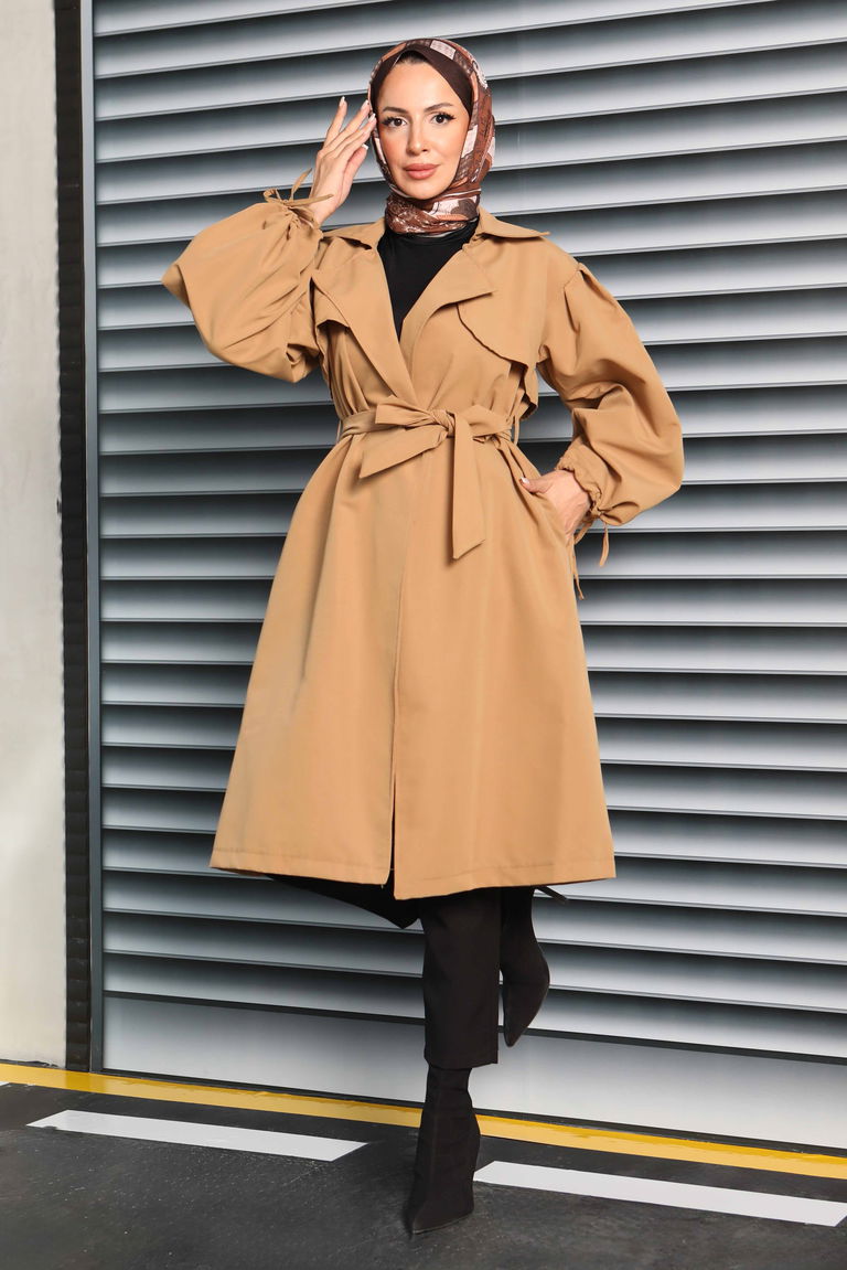 Kuşaklı Kol Ucu Bağcık Detaylı Miranda Trenç - 27604 - TOFİSA