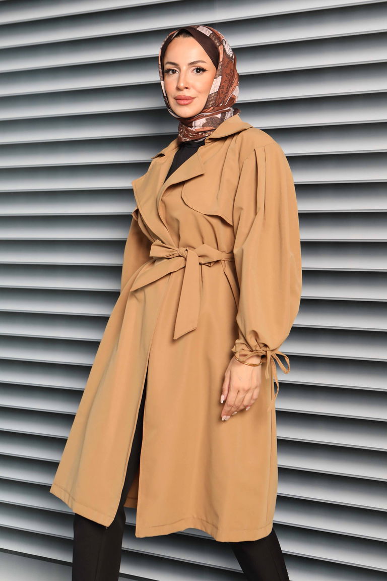 Kuşaklı Kol Ucu Bağcık Detaylı Miranda Trenç - 27604 - TOFİSA