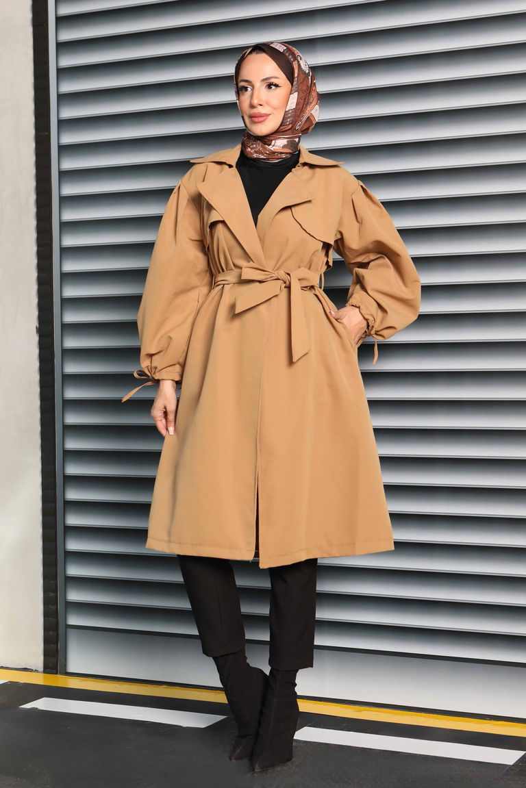 Kuşaklı Kol Ucu Bağcık Detaylı Miranda Trenç - 27604 - TOFİSA