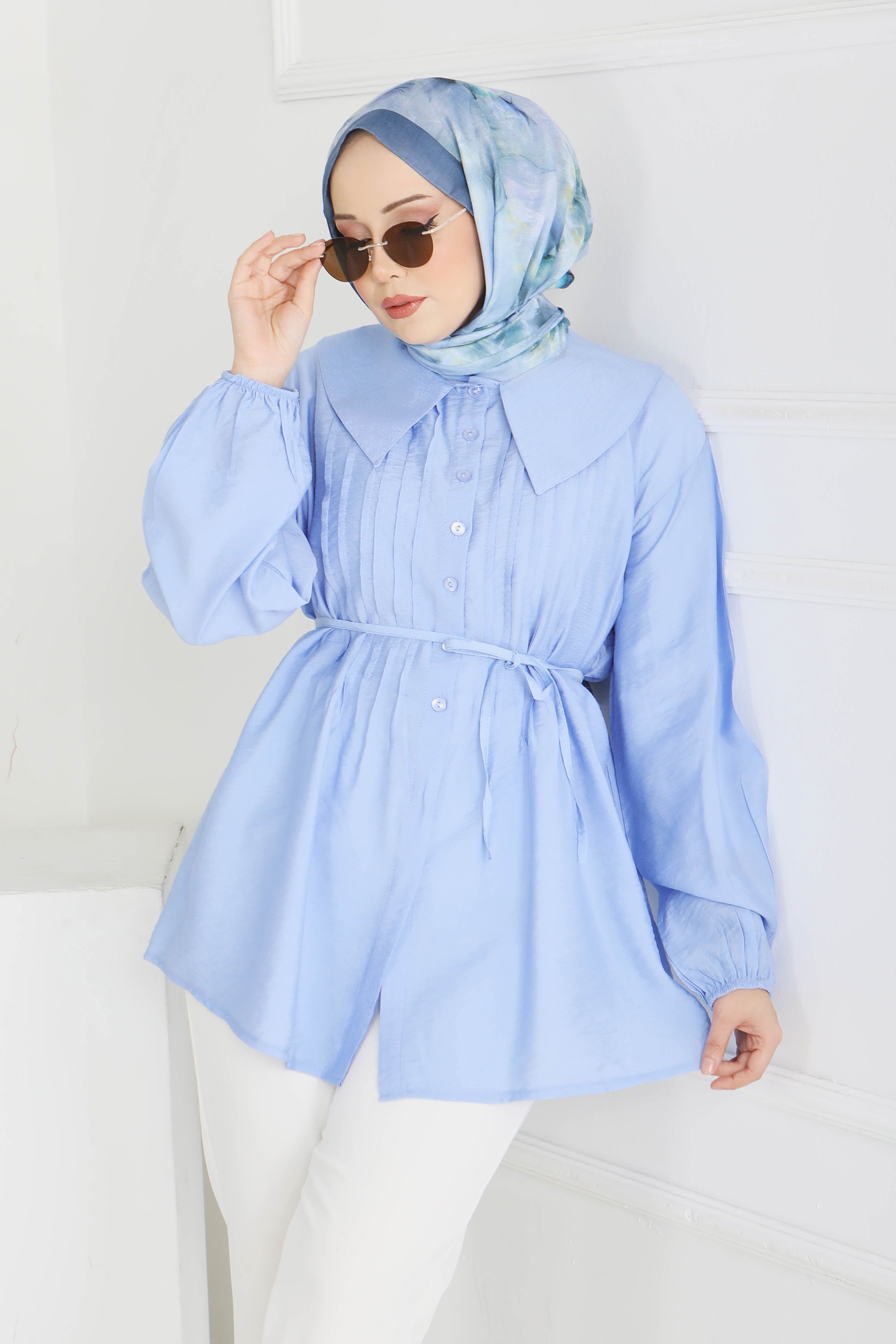 Kuşaklı Kol Ucu Lastikli Tunik - 28214-BEBE-MAVI - 1