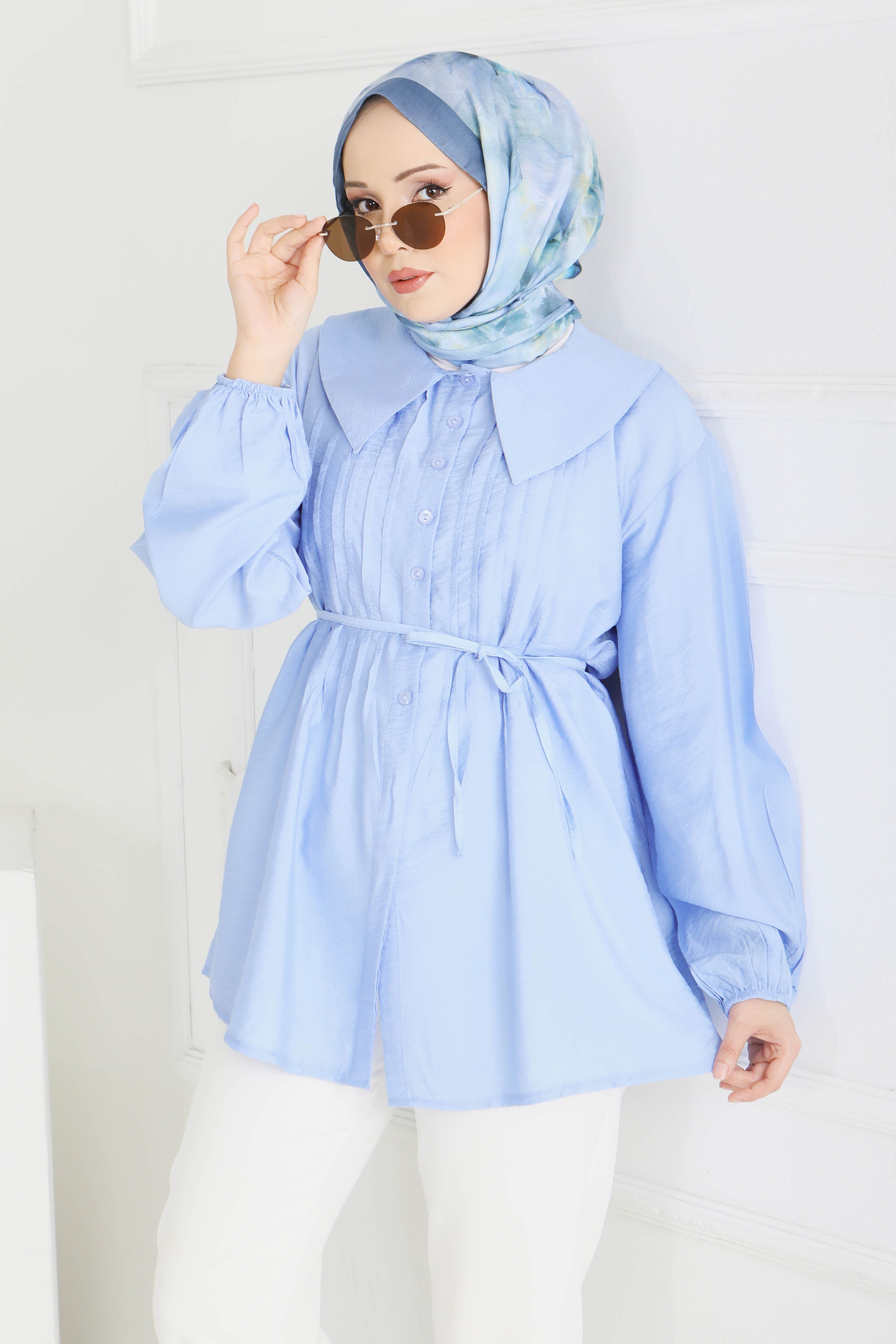 Kuşaklı Kol Ucu Lastikli Tunik - 28214-BEBE-MAVI - 3