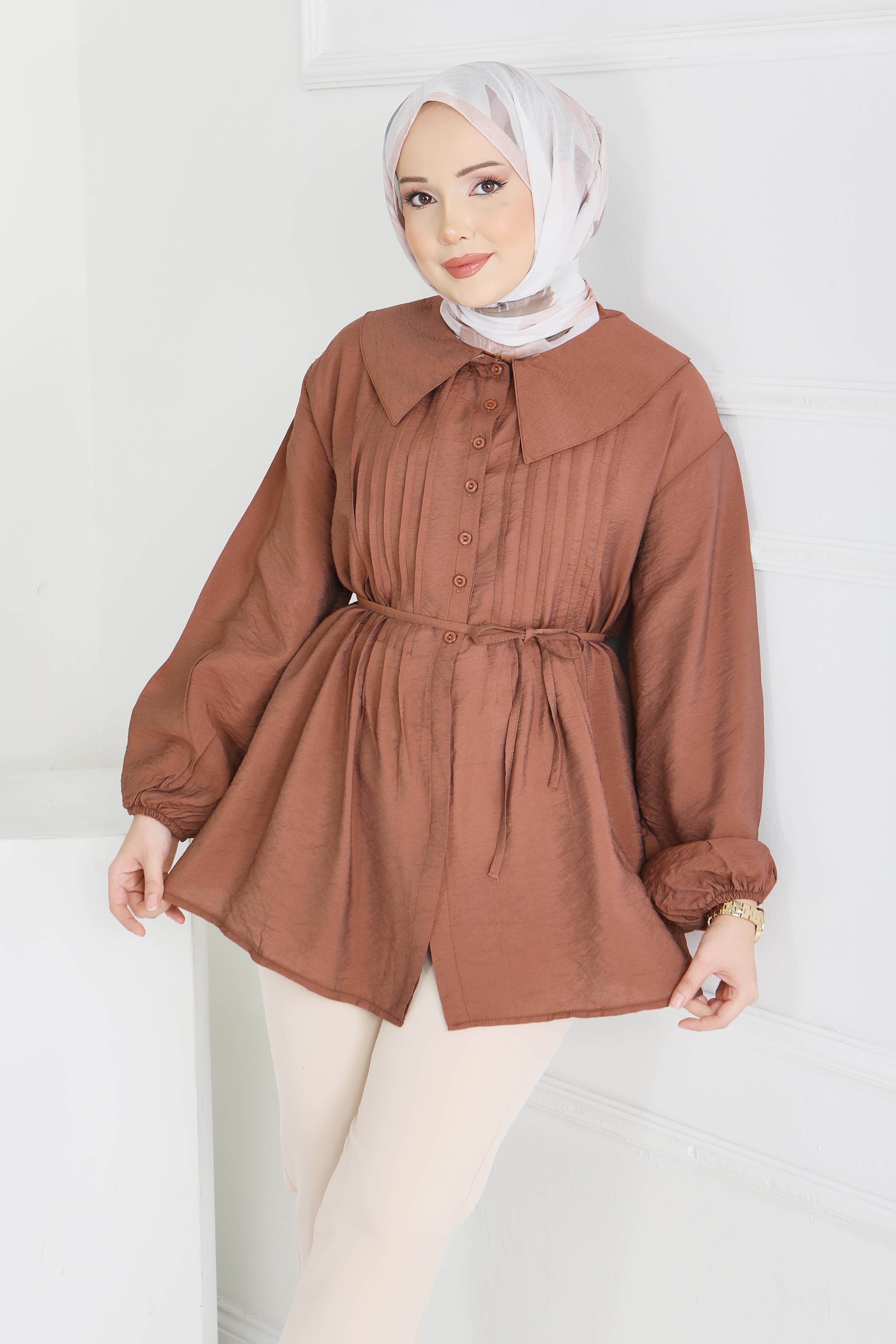 Kuşaklı Kol Ucu Lastikli Tunik - 28214-KAHVE - 2