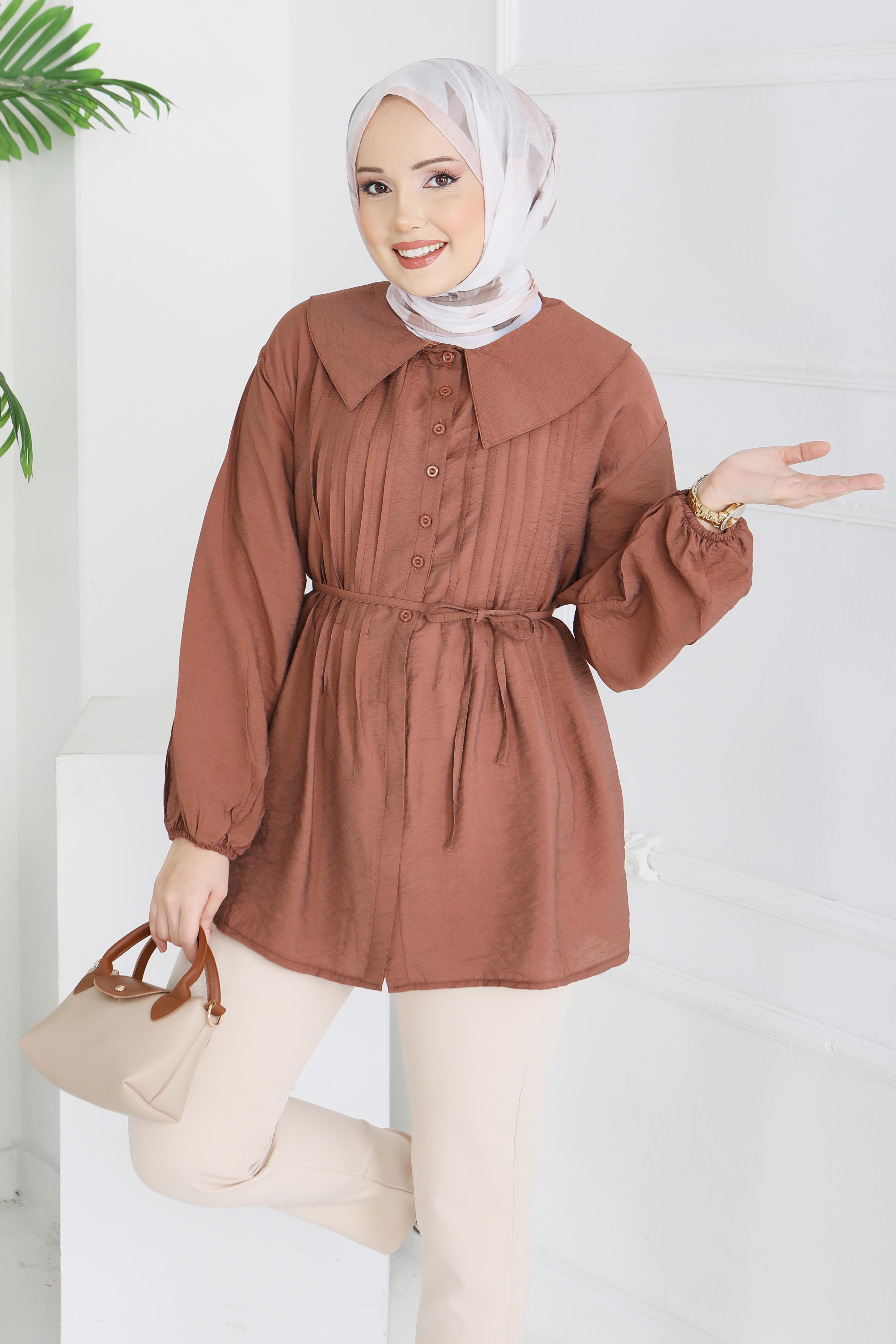 Kuşaklı Kol Ucu Lastikli Tunik - 28214-KAHVE - 3