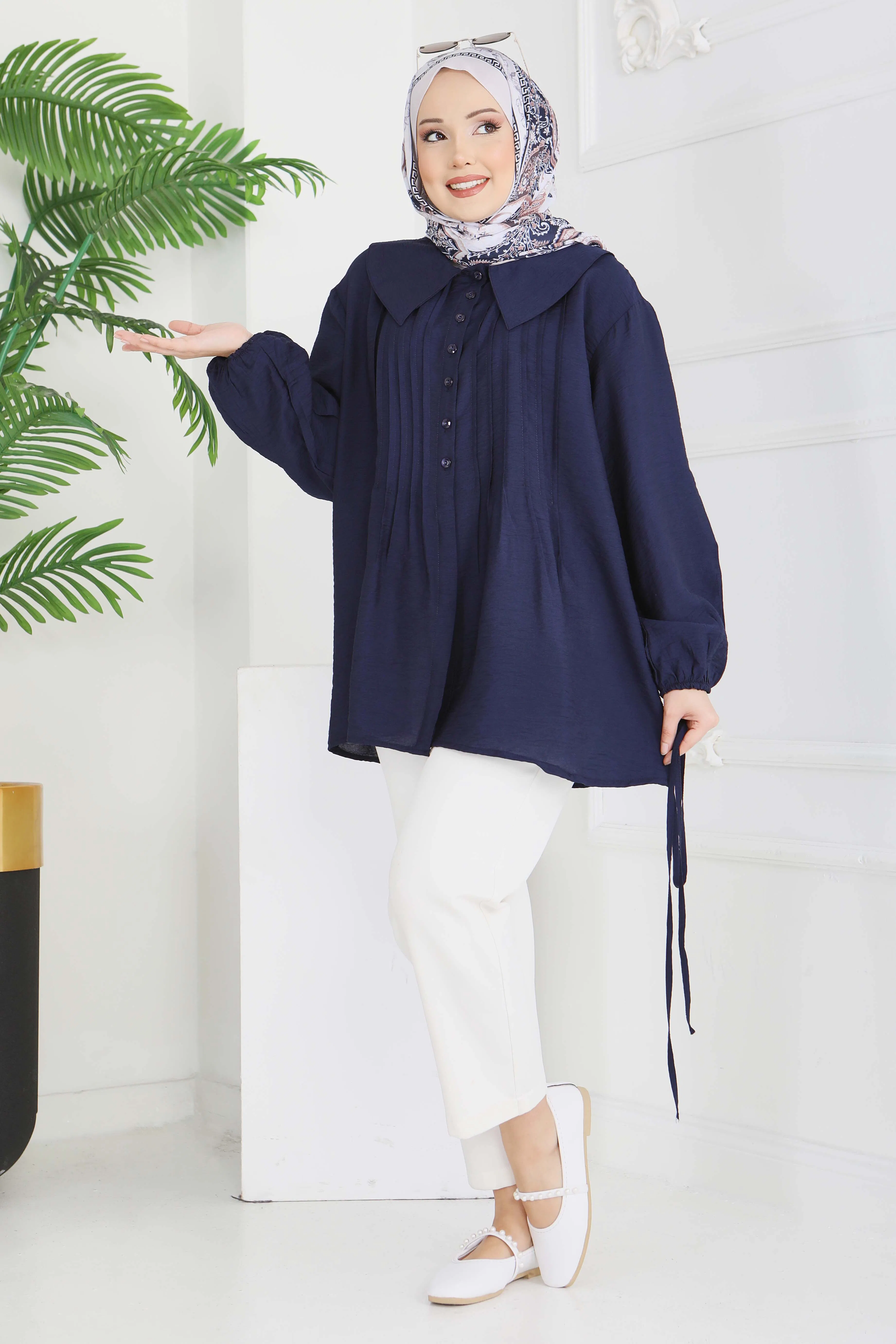 Kuşaklı Kol Ucu Lastikli Tunik - 28214-LACIVERT - 3