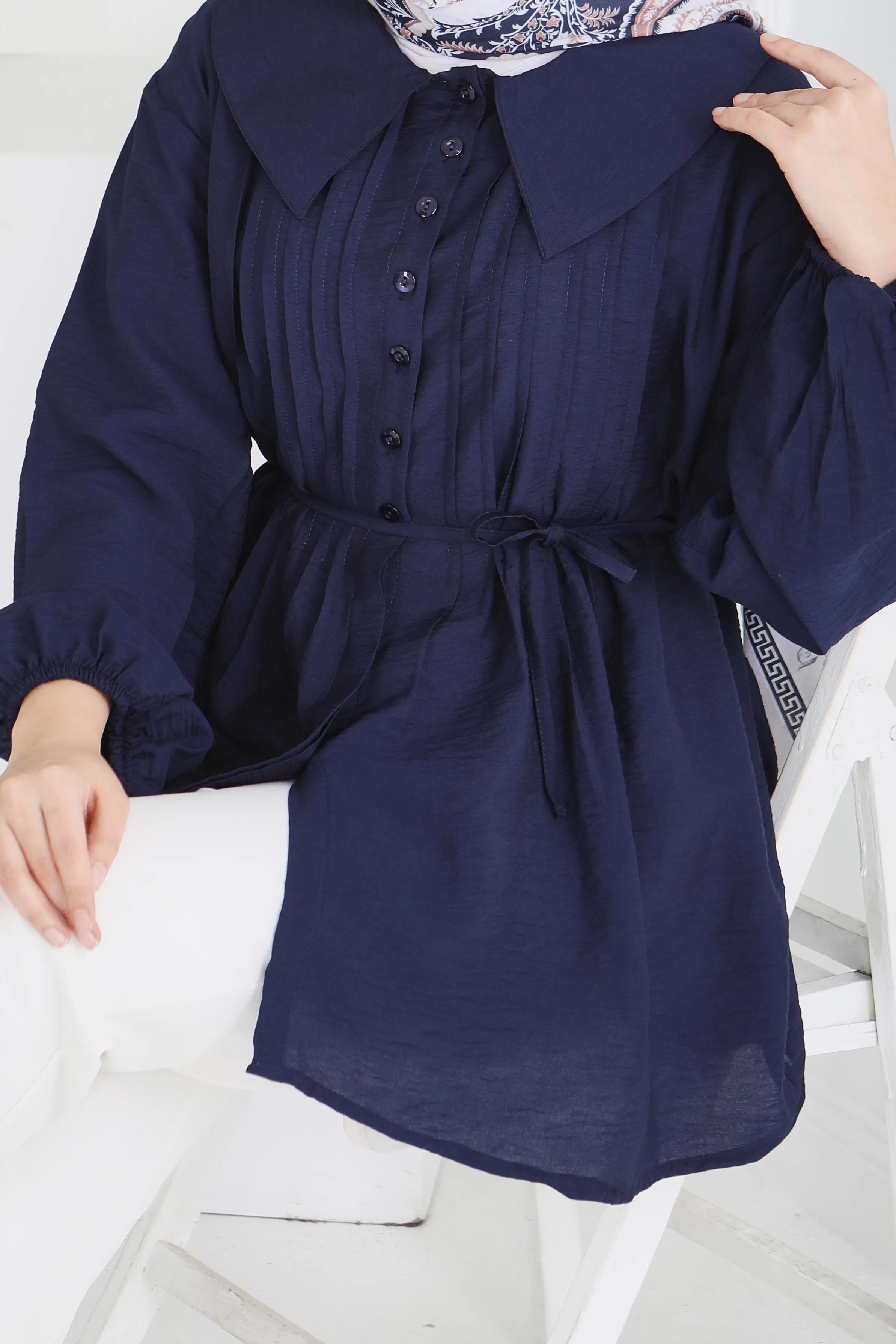 Kuşaklı Kol Ucu Lastikli Tunik - 28214-LACIVERT - 5