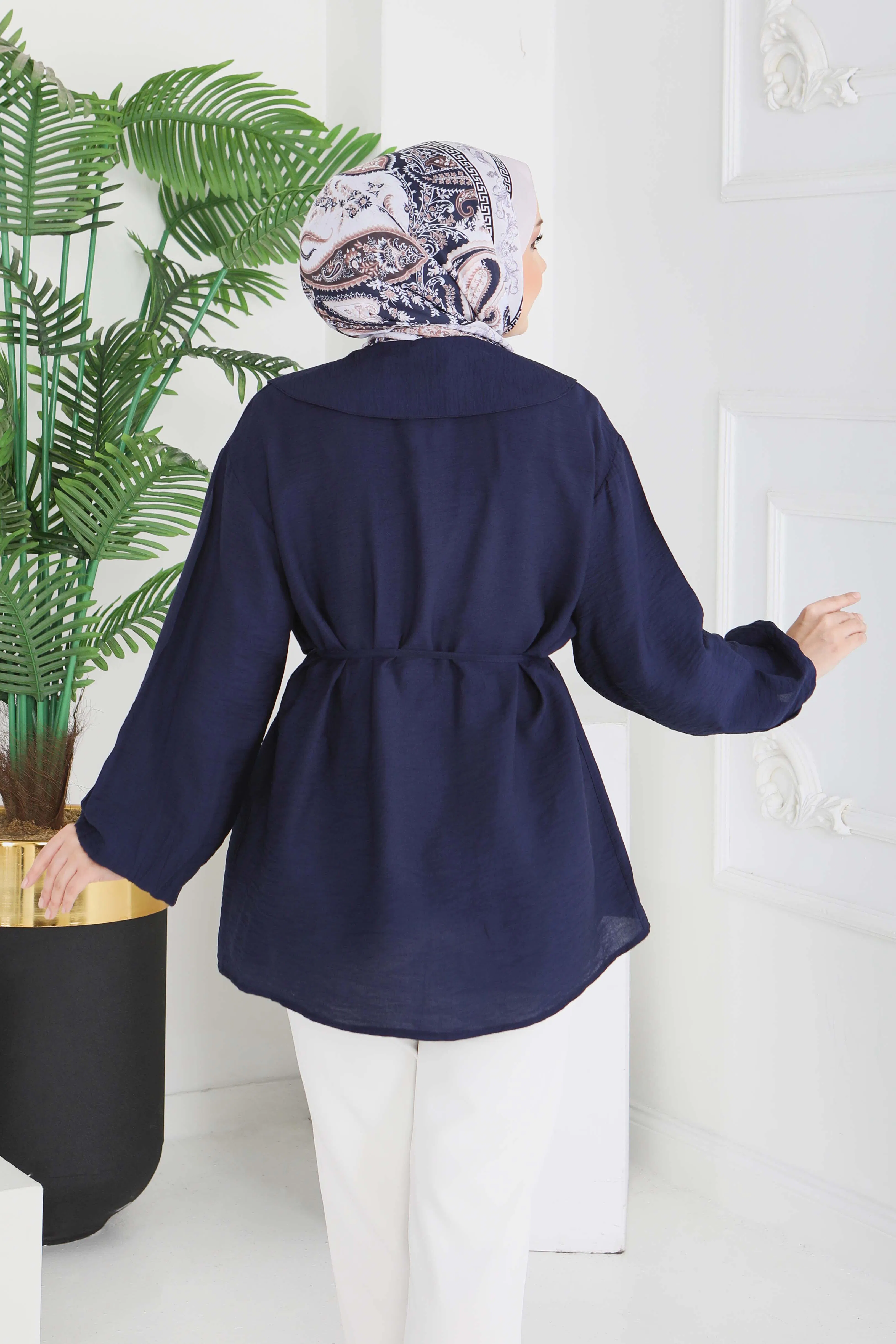 Kuşaklı Kol Ucu Lastikli Tunik - 28214-LACIVERT - 6