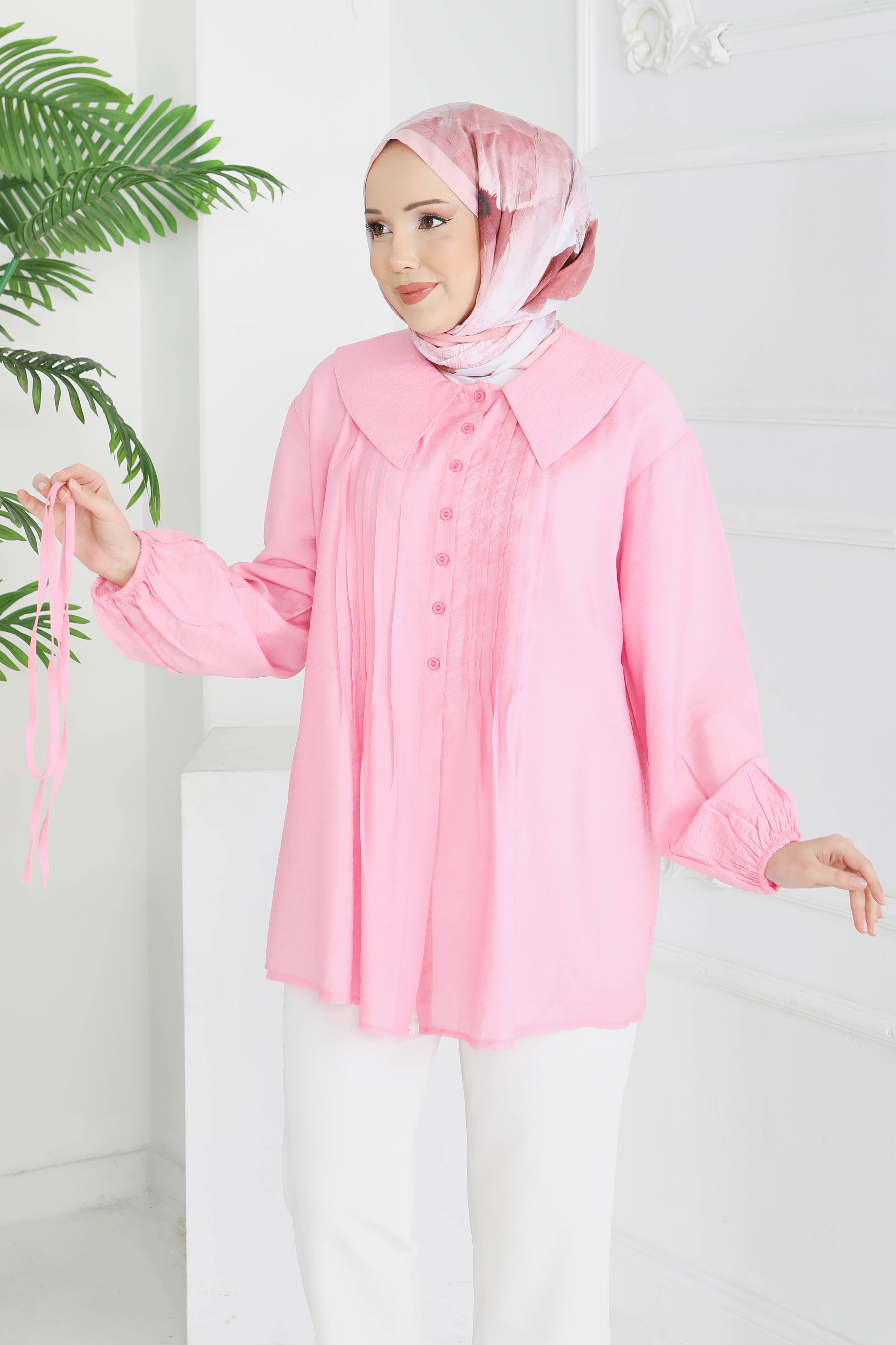 Kuşaklı Kol Ucu Lastikli Tunik - 28214-PEMBE - 2