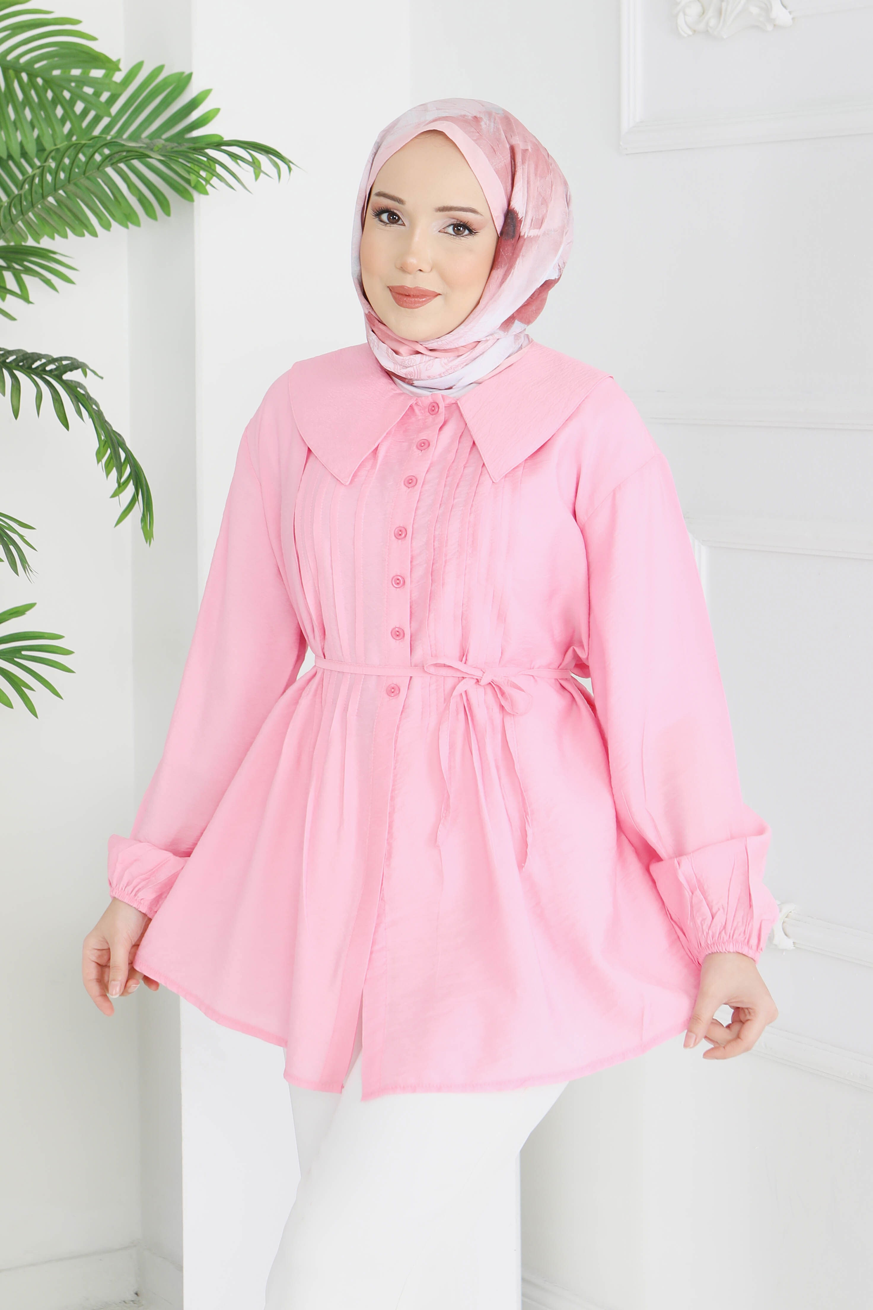 Kuşaklı Kol Ucu Lastikli Tunik - 28214-PEMBE - 3