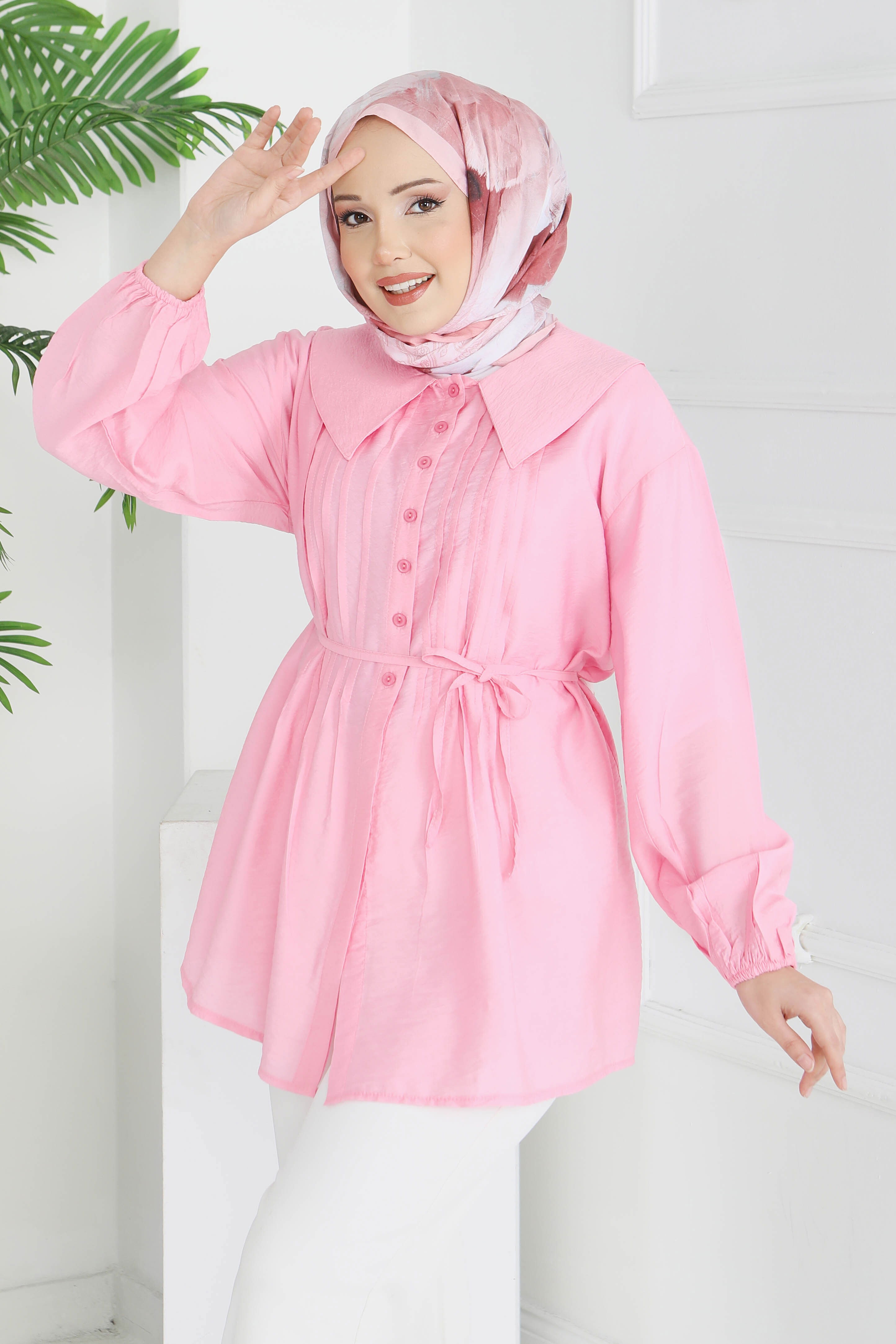 Kuşaklı Kol Ucu Lastikli Tunik - 28214-PEMBE - 4