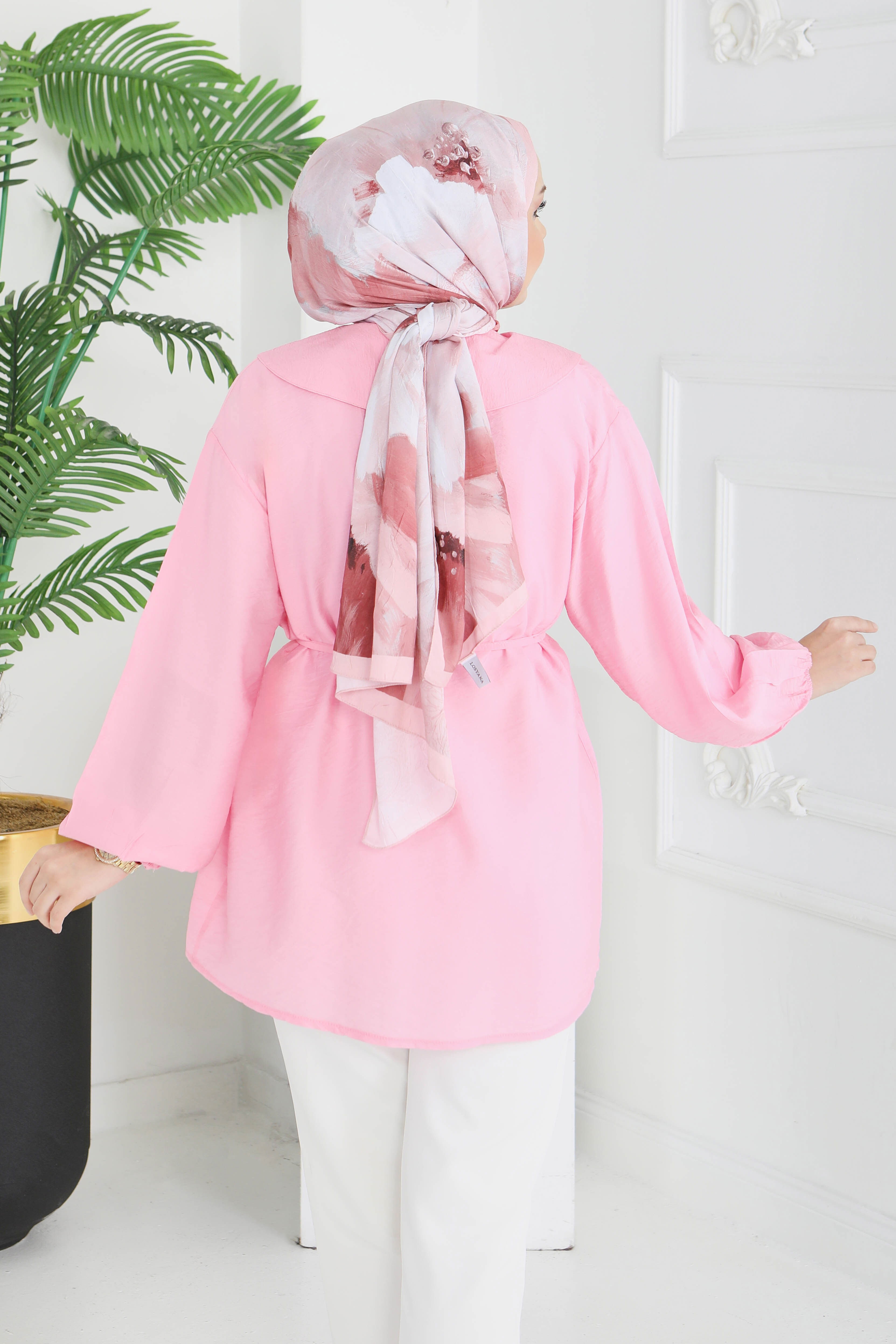 Kuşaklı Kol Ucu Lastikli Tunik - 28214-PEMBE - 5