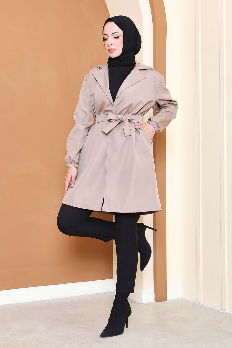 Kuşaklı Kolu Lastikli Miranda Trençkot - 27799-BEJ - TOFİSA