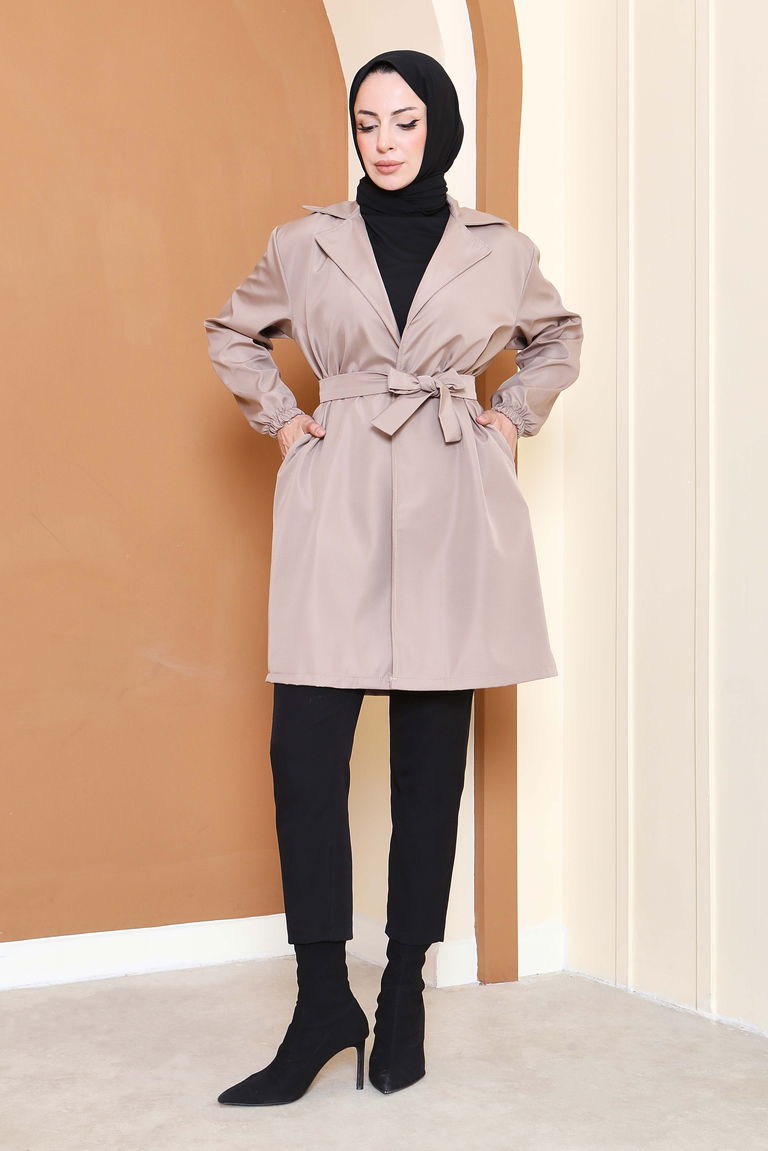 Kuşaklı Kolu Lastikli Miranda Trençkot - 27799-BEJ - TOFİSA