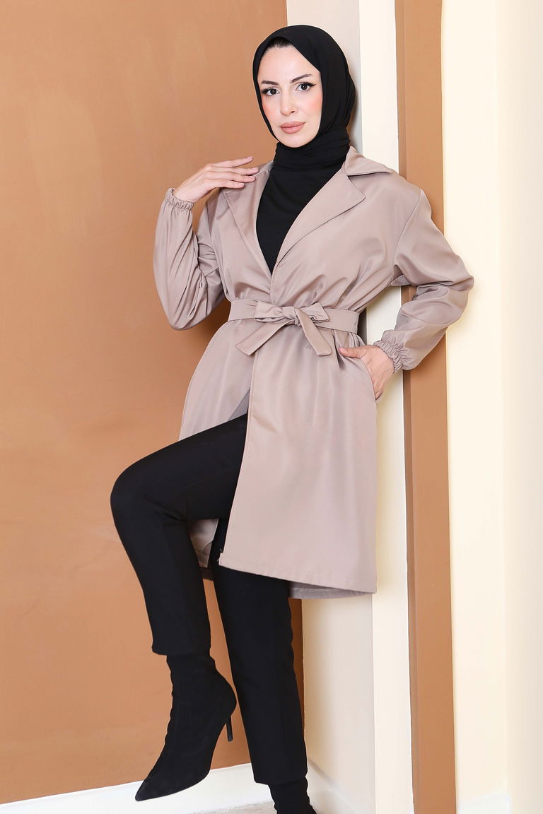 Kuşaklı Kolu Lastikli Miranda Trençkot - 27799-BEJ - TOFİSA
