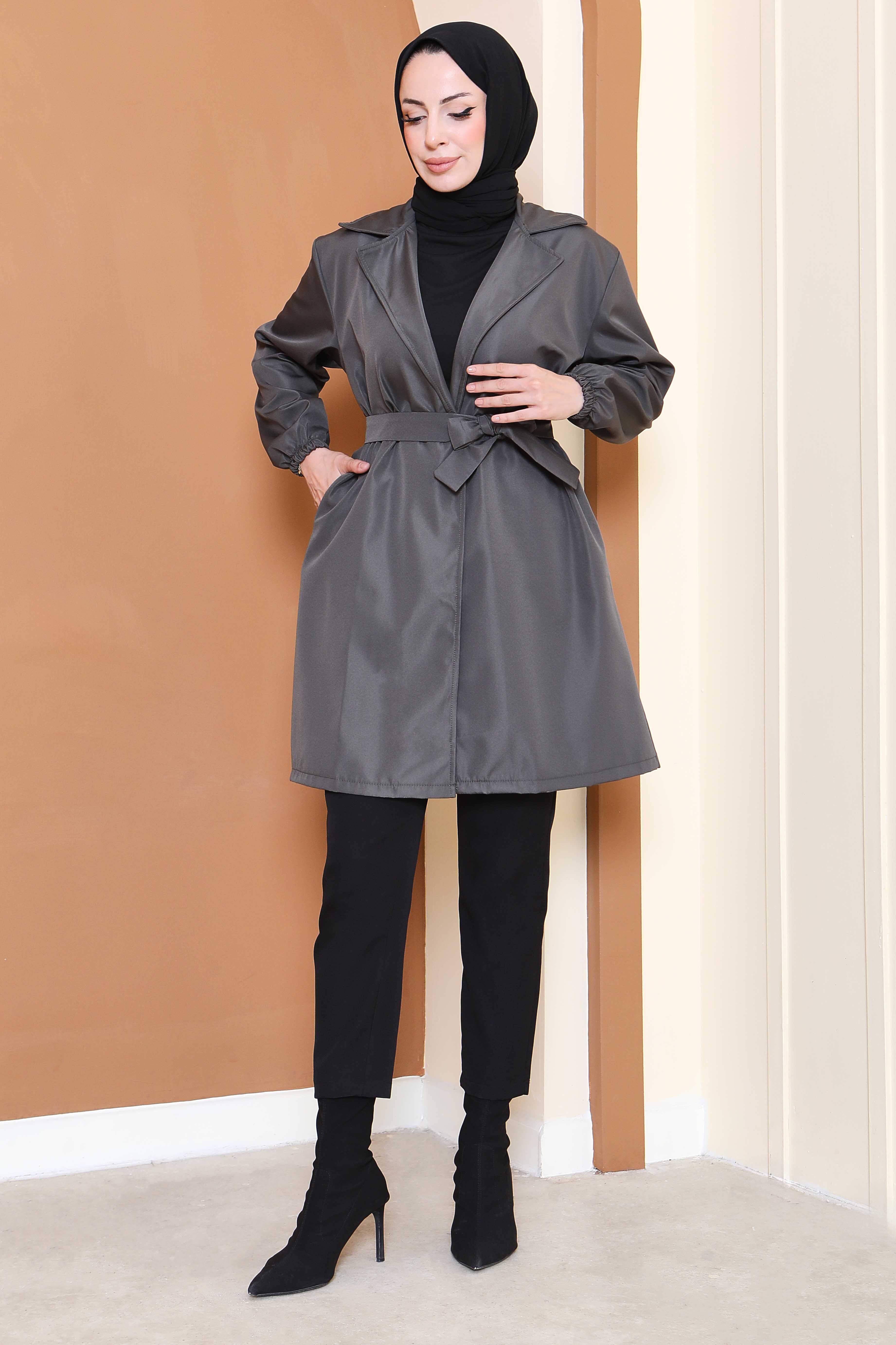 Kuşaklı Kolu Lastikli Miranda Trençkot - 27799-HAKI - 3