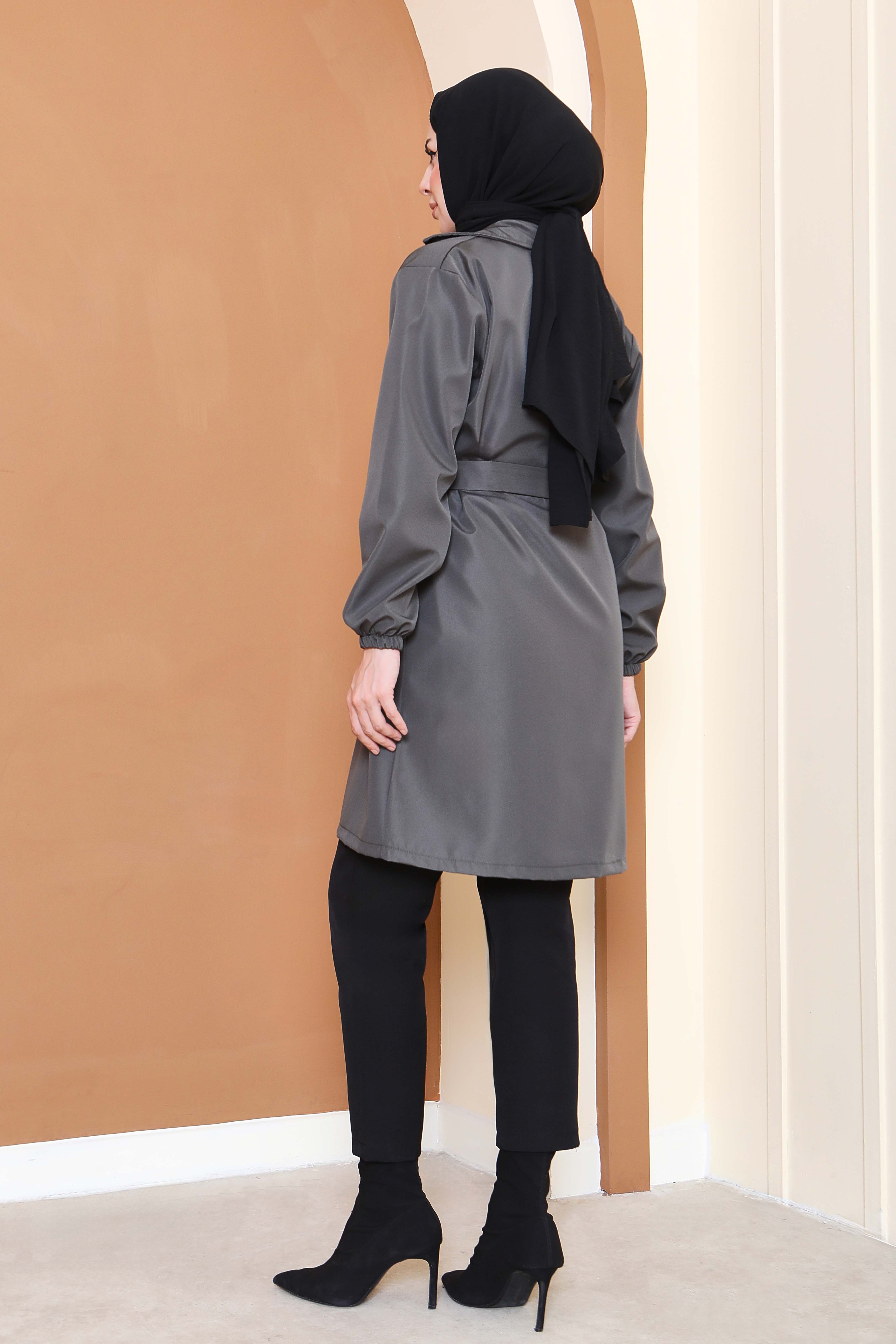 Kuşaklı Kolu Lastikli Miranda Trençkot - 27799-HAKI - 4