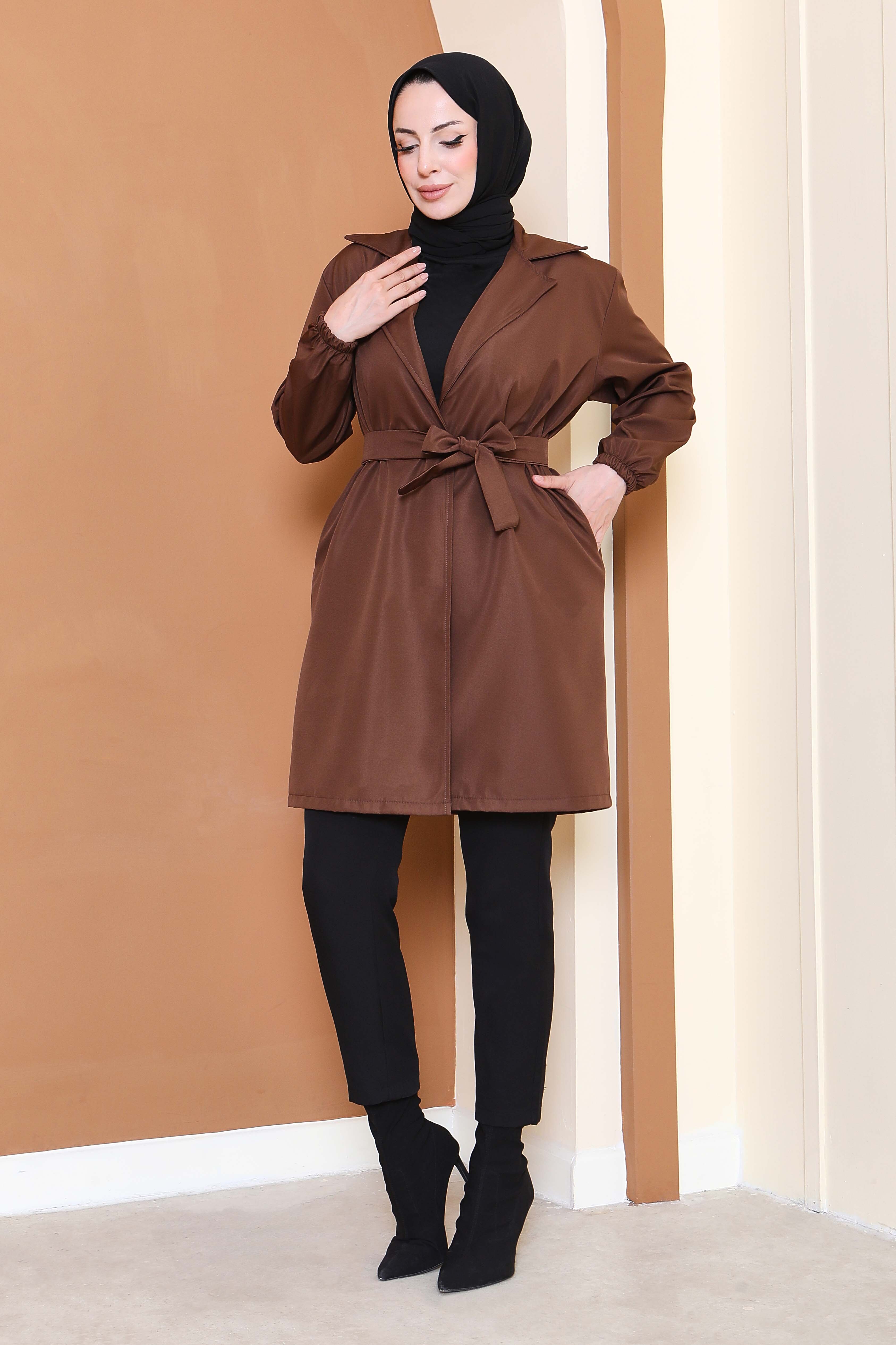 Kuşaklı Kolu Lastikli Miranda Trençkot - 27799-KAHVE - 1