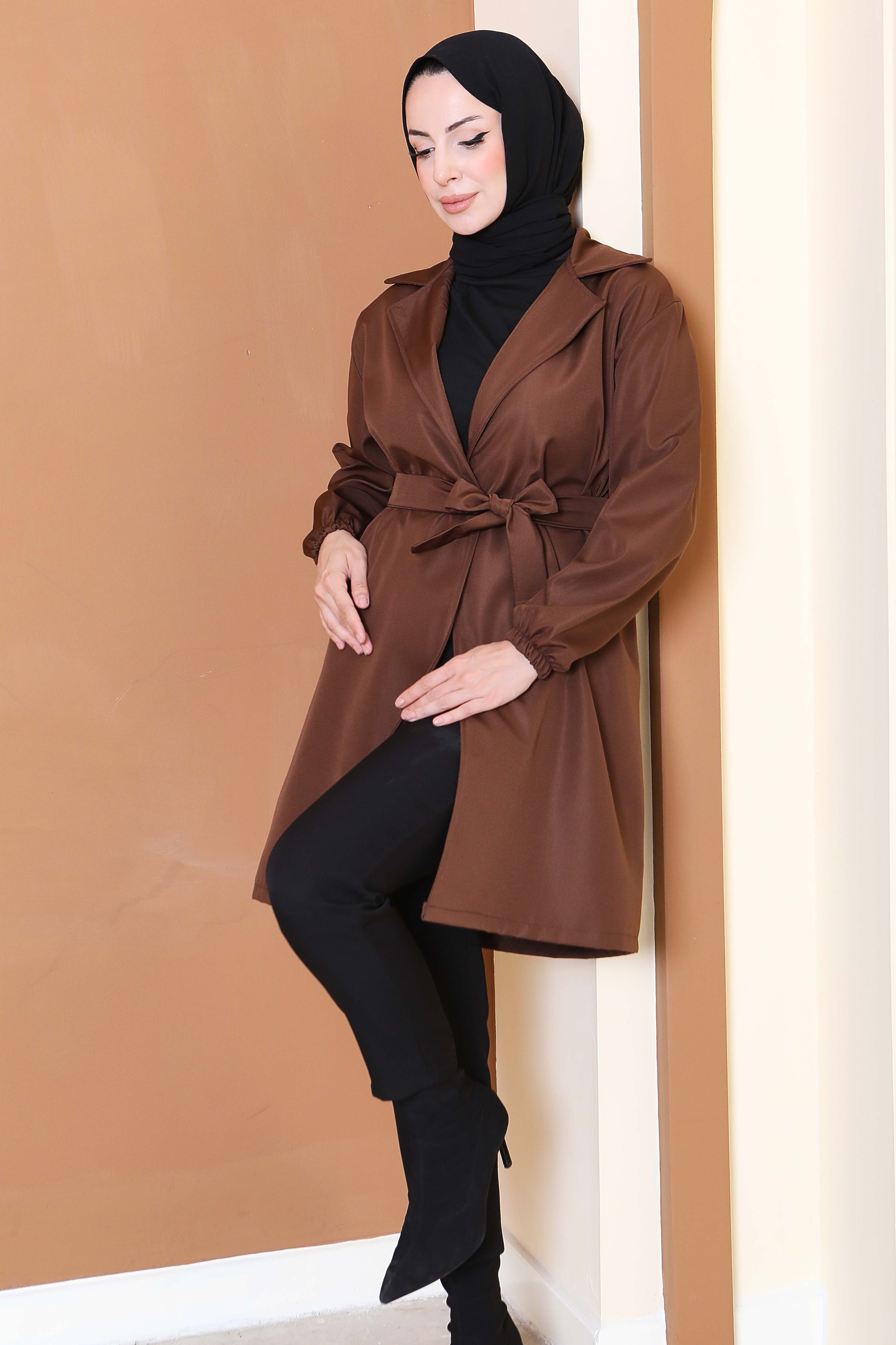Kuşaklı Kolu Lastikli Miranda Trençkot - 27799-KAHVE - 2