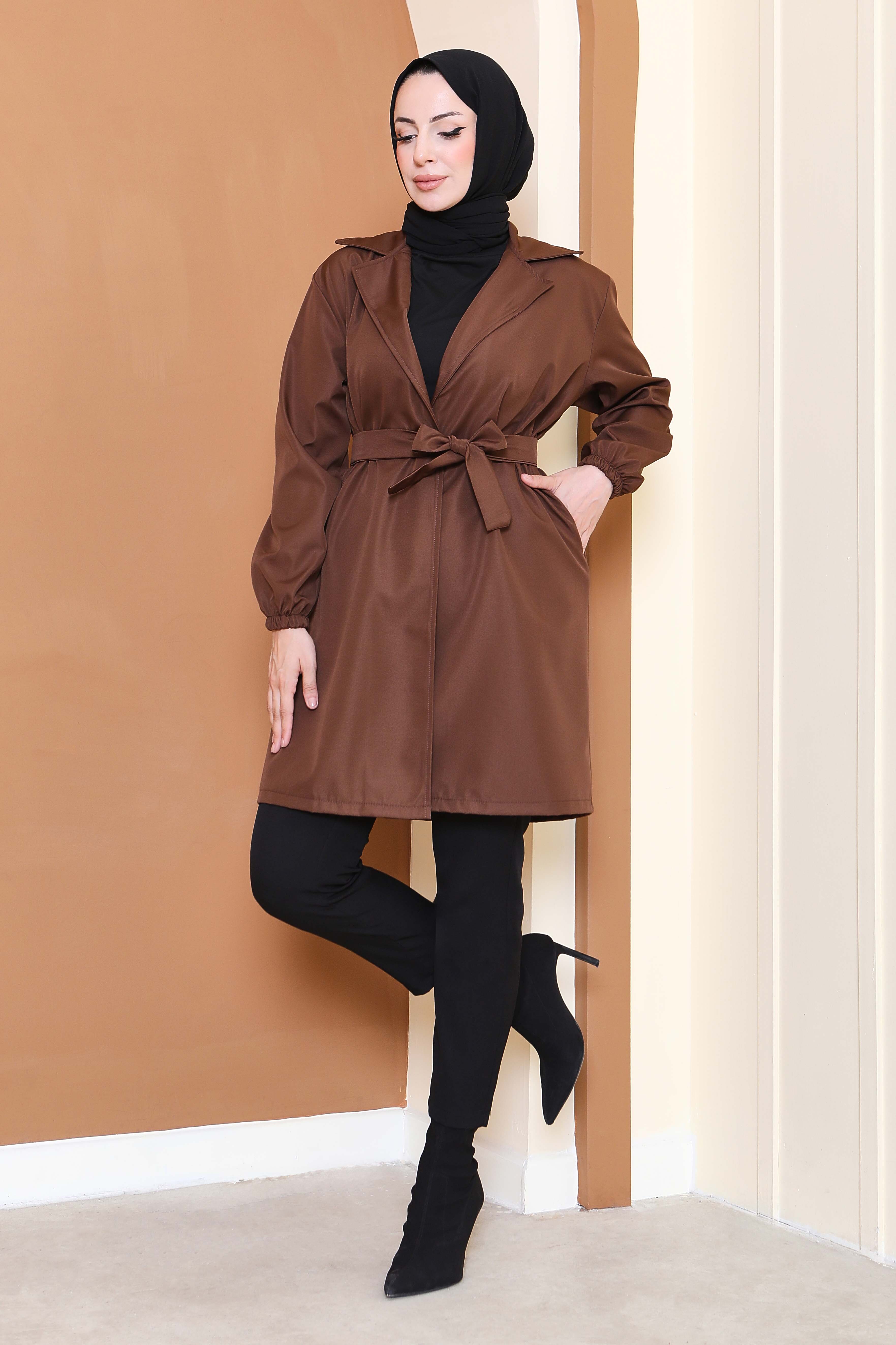 Kuşaklı Kolu Lastikli Miranda Trençkot - 27799-KAHVE - 3