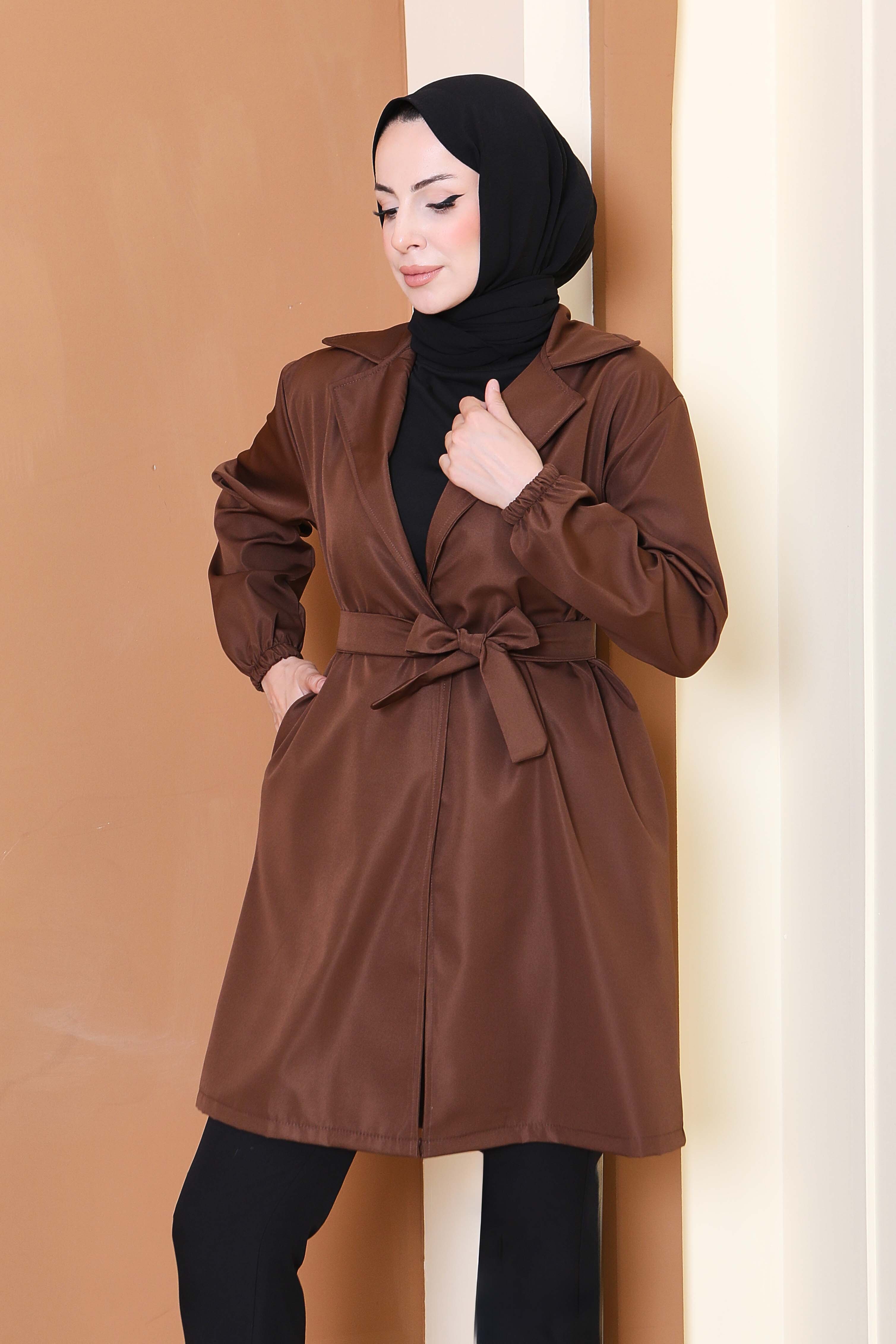 Kuşaklı Kolu Lastikli Miranda Trençkot - 27799-KAHVE - 4