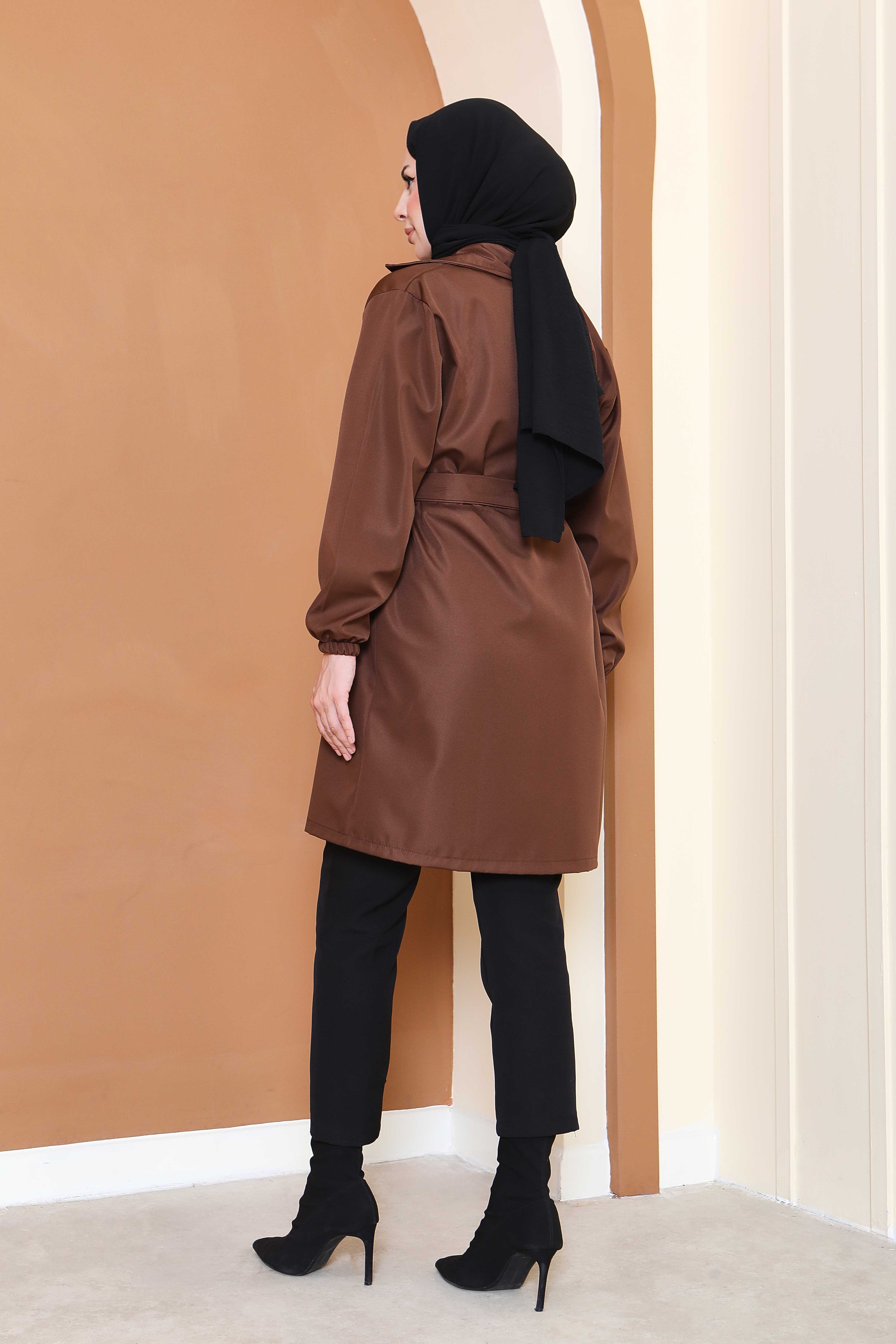 Kuşaklı Kolu Lastikli Miranda Trençkot - 27799-KAHVE - 5