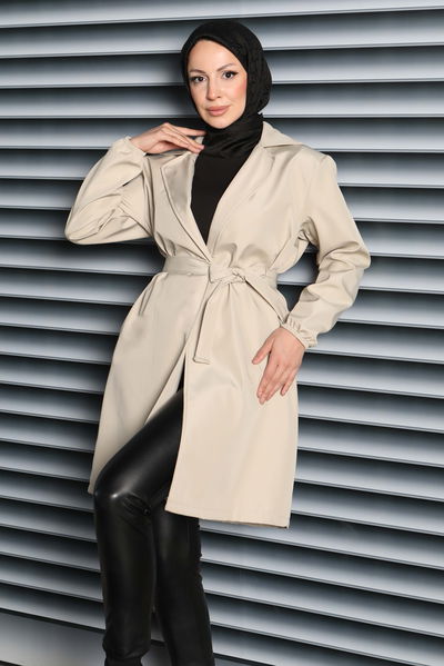 Kuşaklı Kolu Lastikli Miranda Trençkot - 27799-KREM 