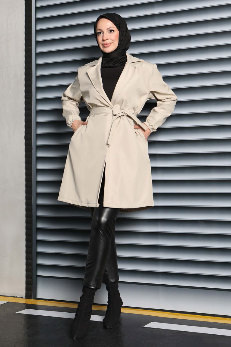 Kuşaklı Kolu Lastikli Miranda Trençkot - 27799-KREM - TOFİSA