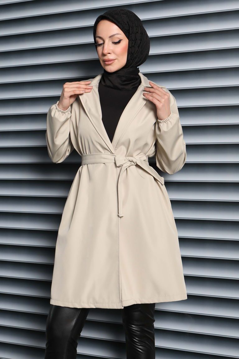 Kuşaklı Kolu Lastikli Miranda Trençkot - 27799-KREM - TOFİSA