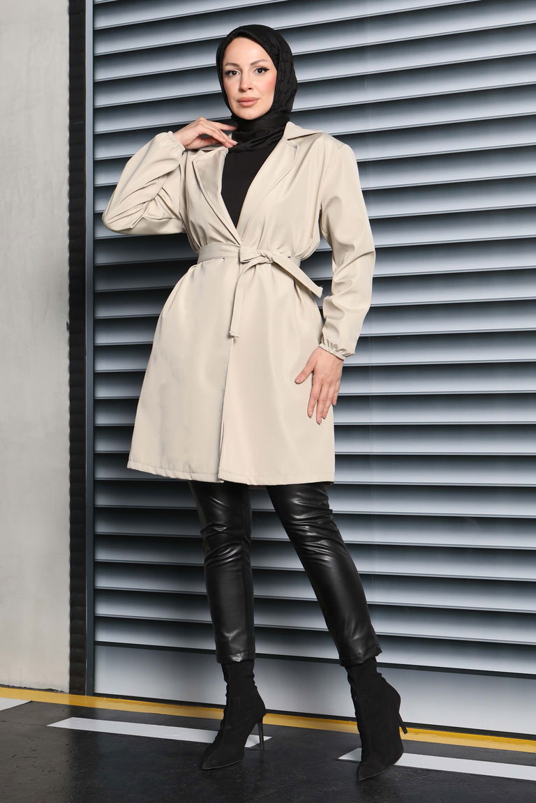 Kuşaklı Kolu Lastikli Miranda Trençkot - 27799-KREM - TOFİSA