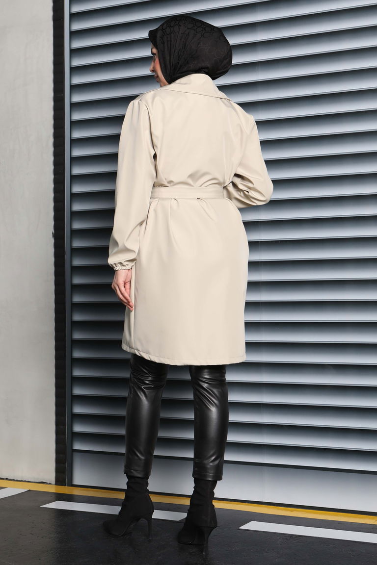 Kuşaklı Kolu Lastikli Miranda Trençkot - 27799-KREM - TOFİSA