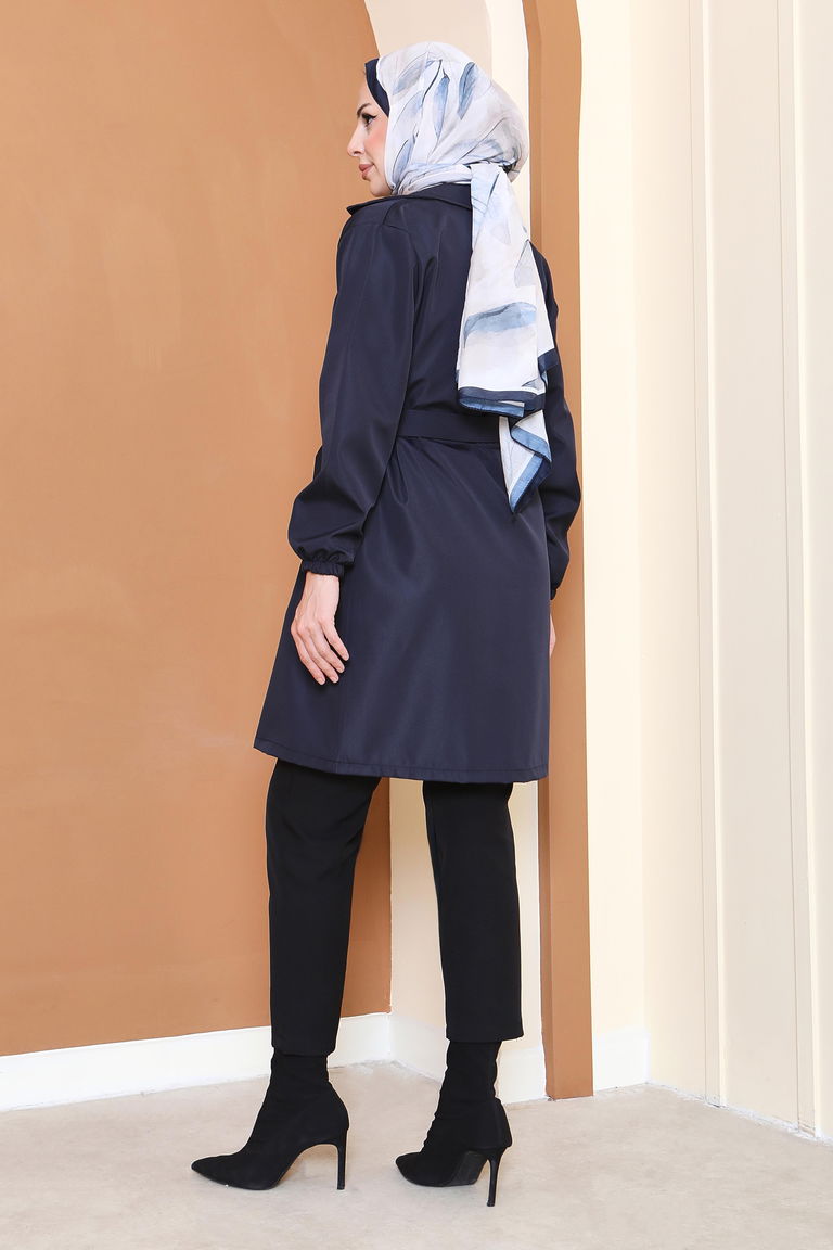 Kuşaklı Kolu Lastikli Miranda Trençkot - 27799-LACIVERT - TOFİSA