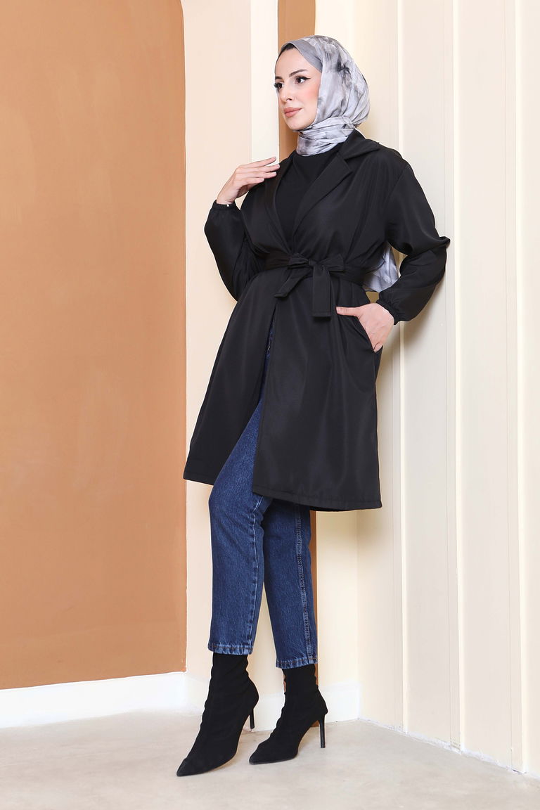Kuşaklı Kolu Lastikli Miranda Trençkot - 27799-SIYAH - TOFİSA